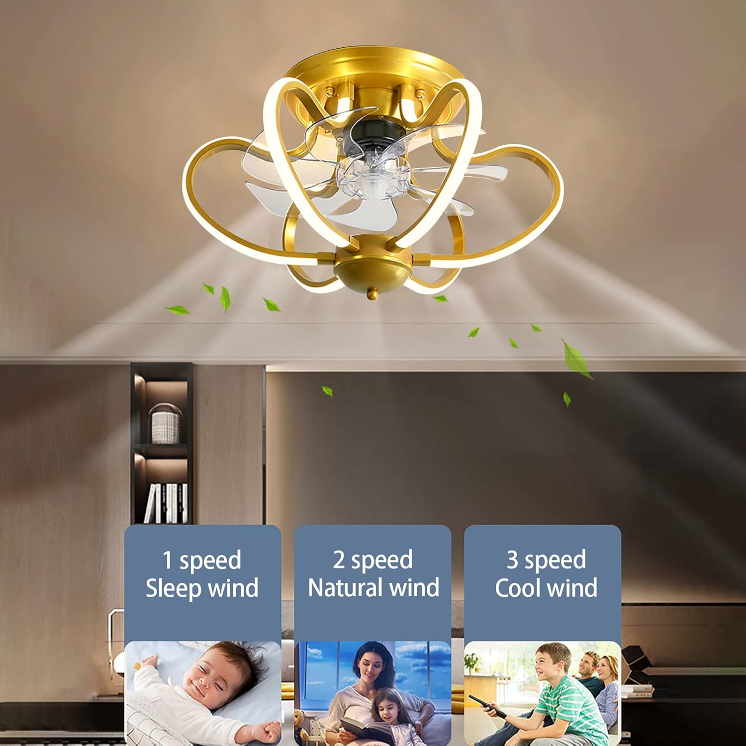 YUEGOO Bedroom Ceiling Fan with Light and Remote Control 3 Speeds Dimmable Led Fan Ceiling Light Modern Living Room Quiet Ceiling Fan Light 60W