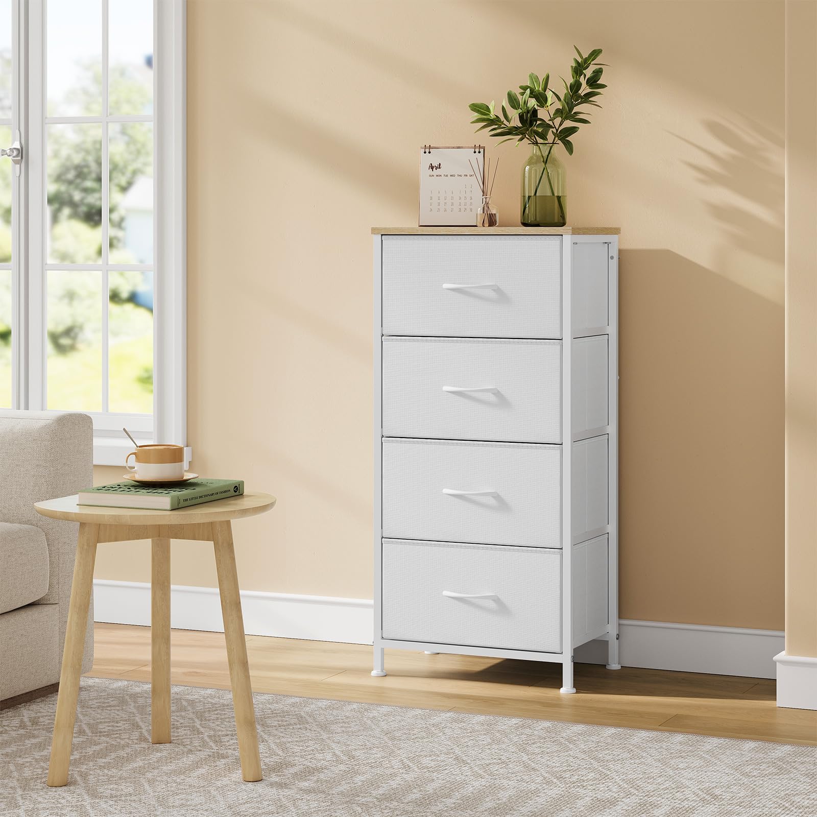 WOLTU Cajonera de Tela, Cómoda 4 Cajones, Armario con Cajas, Organizador de Juguetes, para Dormitorio, Salon y Habitación Infantil, Marco de Metal, Blanco, SSK011ws