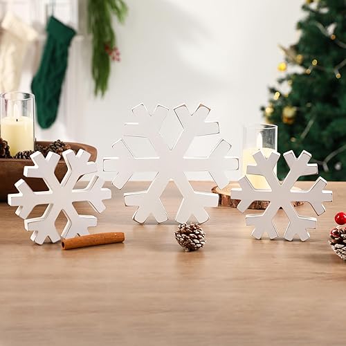 Miniatura 5 de Decoraciones de Navidad - 3 piezas de señales de bloque de copo de nieve de madera de invierno - Centros de mesa de copo de nieve de granja de
