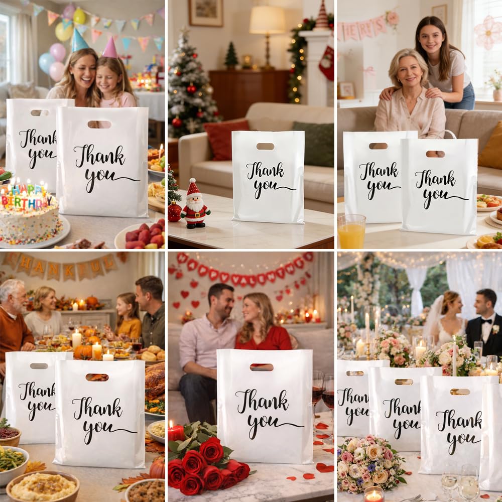 Thank You Bags 100 Pcs Thank You Gift Bags Merchandise Bag Extra Thick Reusable White Plastic Shopping Bag with Handles for Small Business Retail Boutique Wedding Birthday Party Gifts 9 x 12 Inch