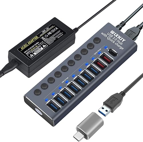 WLXKJY Hub USB 3.0 alimentado por aluminio, divisor de concentrador USB de 10 puertos (7 puertos de transmisión de datos USB 3.0 + 2 puertos de
