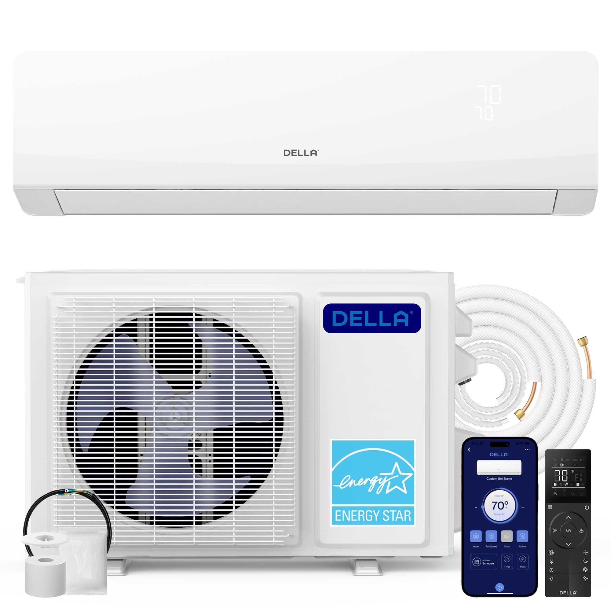 Della DELLA Serena Series 9800 BTU Mini Split AC, Energy Star 22 SEER2 115V, 0.82 Ton Inverter Heat Pump Ductless AC System for Rooms up to 400 Sq.Ft, WiFi & Alexa Control, Pre-Charged, 16.4ft Install Kit