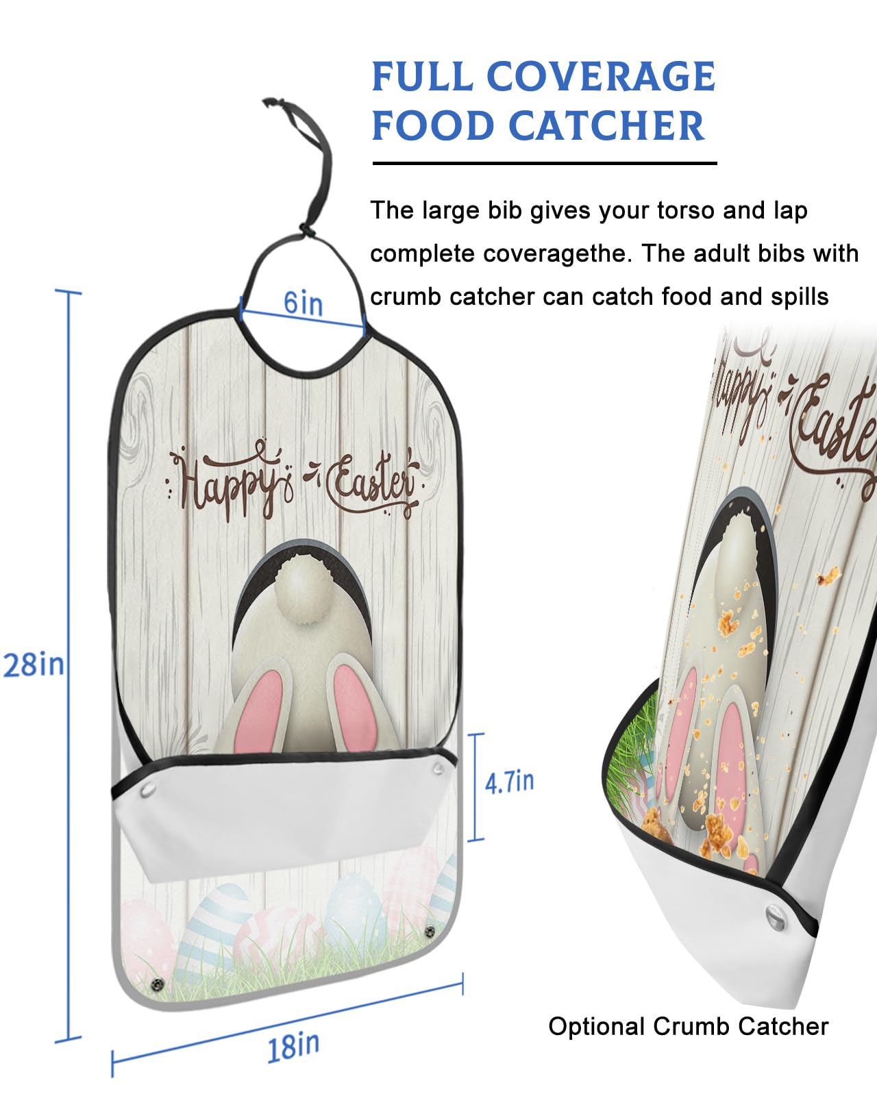 Spring Easter Adult Bibs for Eating, Waterproof Bibs with Food Catcher & Adjustable Snap Closure, Colorful Eggs Grass Bunny Beige Wood Washable Clothing Protectors Adult Bibs for Elderly Women/Men