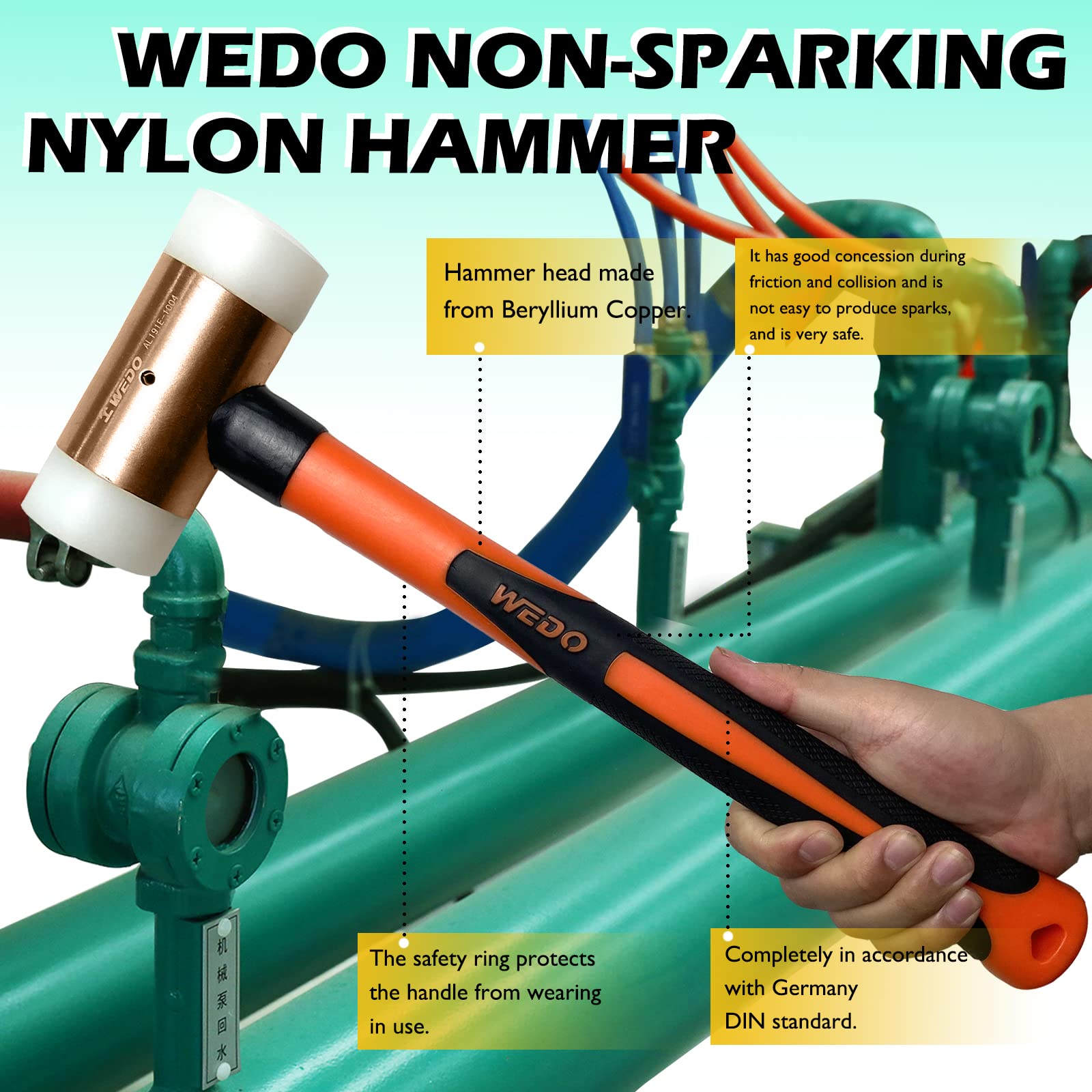 WEDO Martillo de nailon antichispas, protege la superficie golpeante de daños, martillo de seguridad sin chispas, cobre berilio, no magnético, estándar DIN, certificado BAM y FM, 1000 g x 400 mm