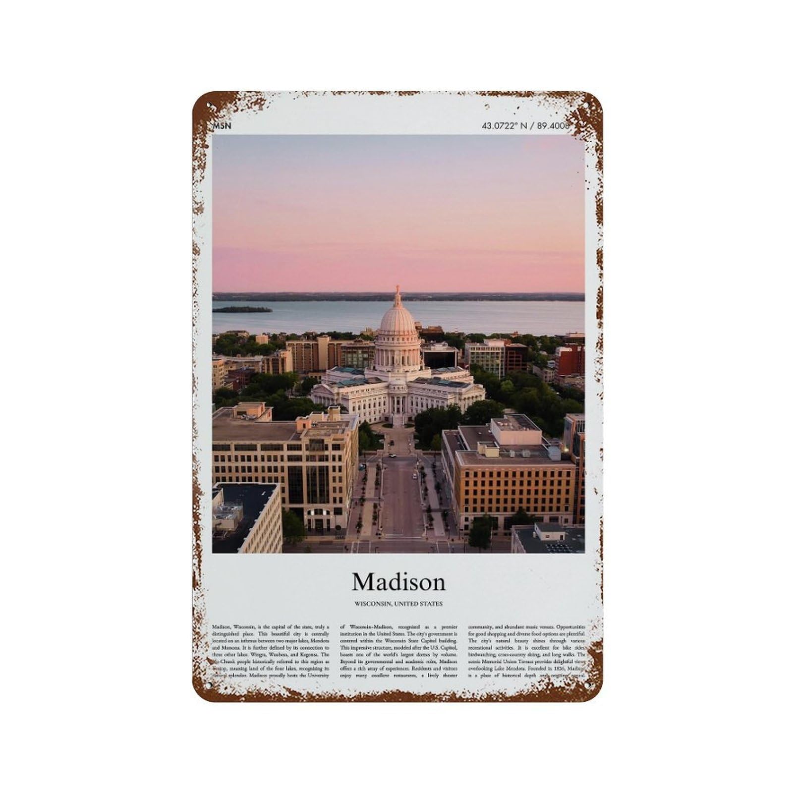 xiaoxiaoshen Madison Wisconsin, United States, USA City Scenery Wall Decor Art Metal Tin Poster Modern Home Decor Art Home Bar Shop Decorations Vintage Sign 30x20cm