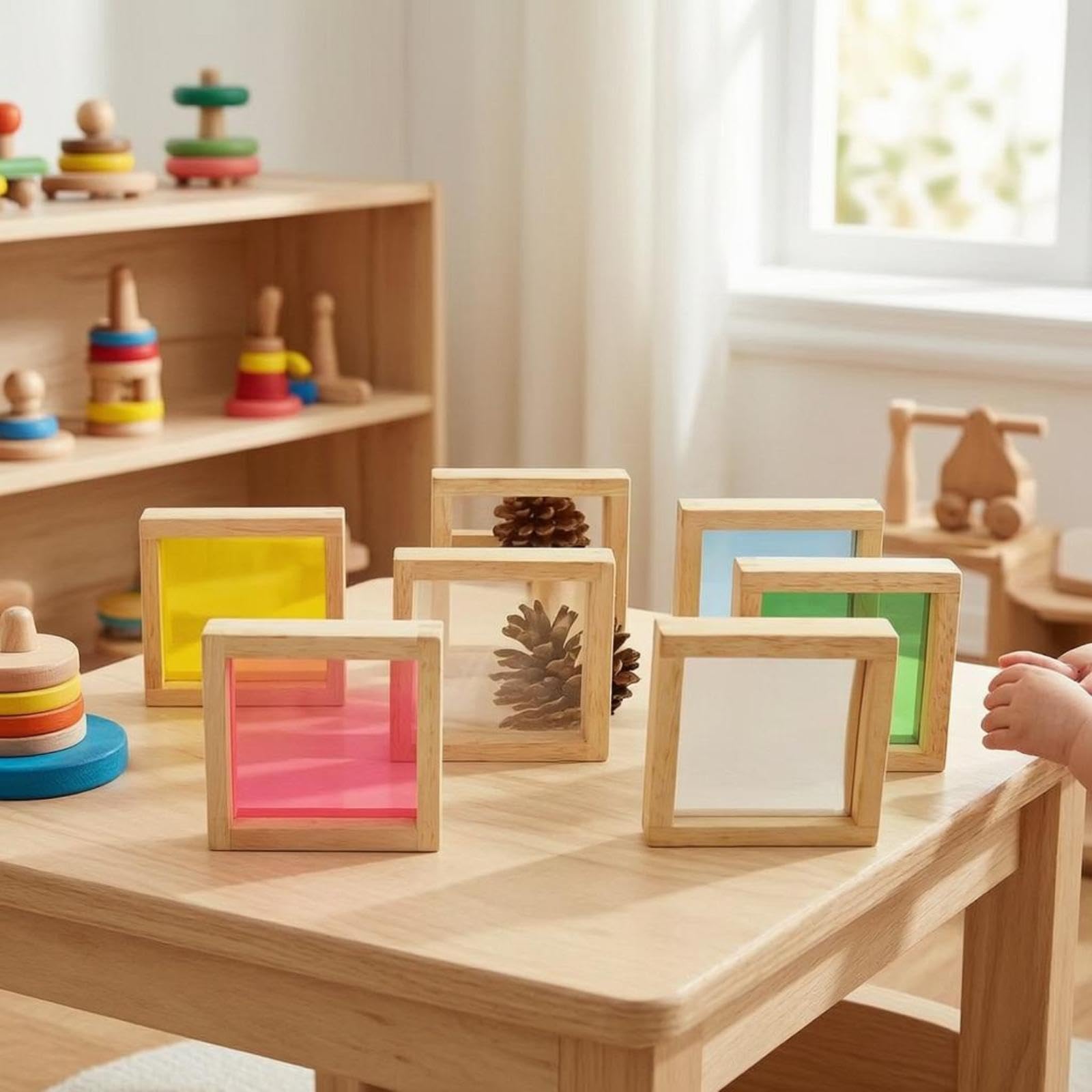 Set di 7 Blocchi Da Costruzione in Legno Acrilico Colorato per Lo Sviluppo Sensoriale Nella Scuola Dell'infanzia: Ideali per Impilare E Apprendere, come descritto, 14cm