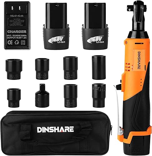 DINSHARE Juego de llaves de trinquete inalámbricas de 16.8 V, 20 pulgadas de largo, velocidad variable de 400 RPM, 2 baterías de 20 V 2.0 Ah, luz