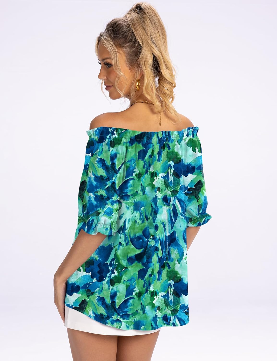 Kistore Womens Tops Short Sleeve Cotton Shirts Off The Shoulder Tops for Women Crewneck Dressy Casual Blouses S-XXL - Image 5