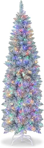 GOFLAME Árbol de Navidad preiluminado de 6 pies, árbol de Navidad artificial con bisagras con 475 puntas de ramas y 250 luces LED coloridas, árbol