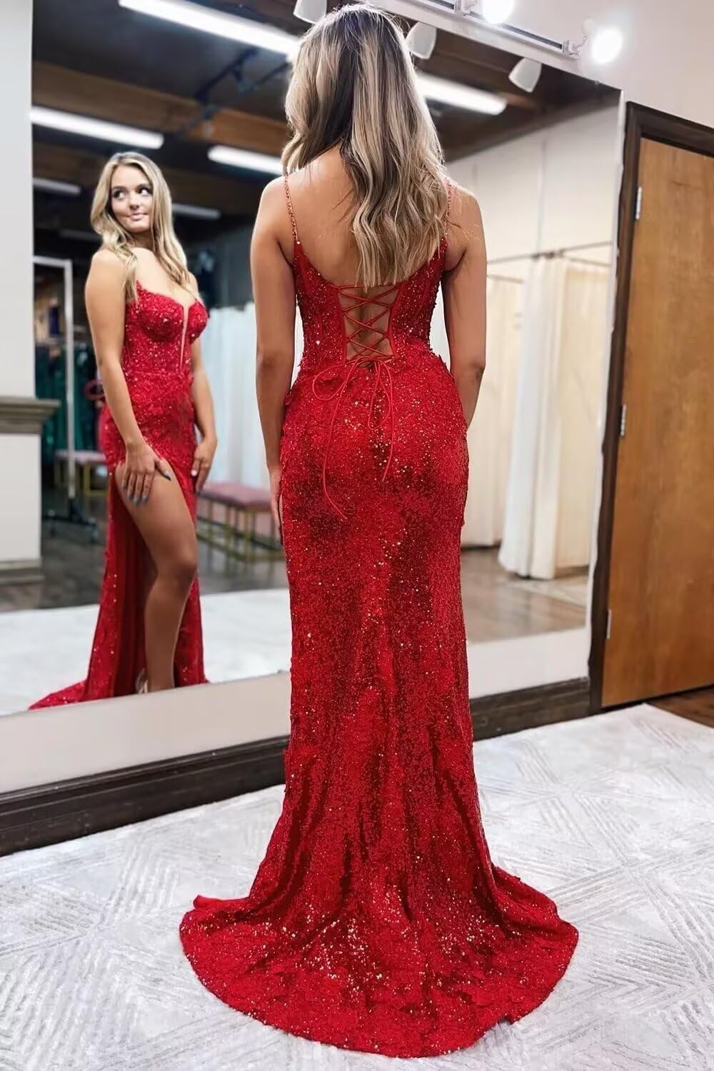 Lace Applique Prom Dresses for Women Sequin Sparkly Corset Mermaid Long Slit Formal Evening Dress