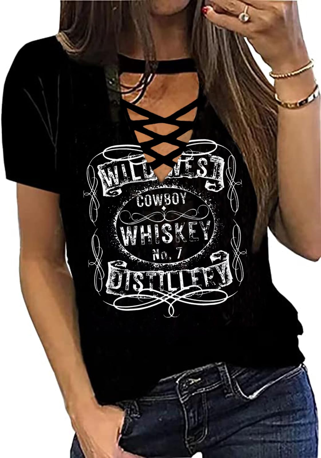 Cowboy Whiskey Criss-Cross Hollow Out T-Shirt Women Western Country Music Shirt Vintage Cowgril Short Sleeve Tops