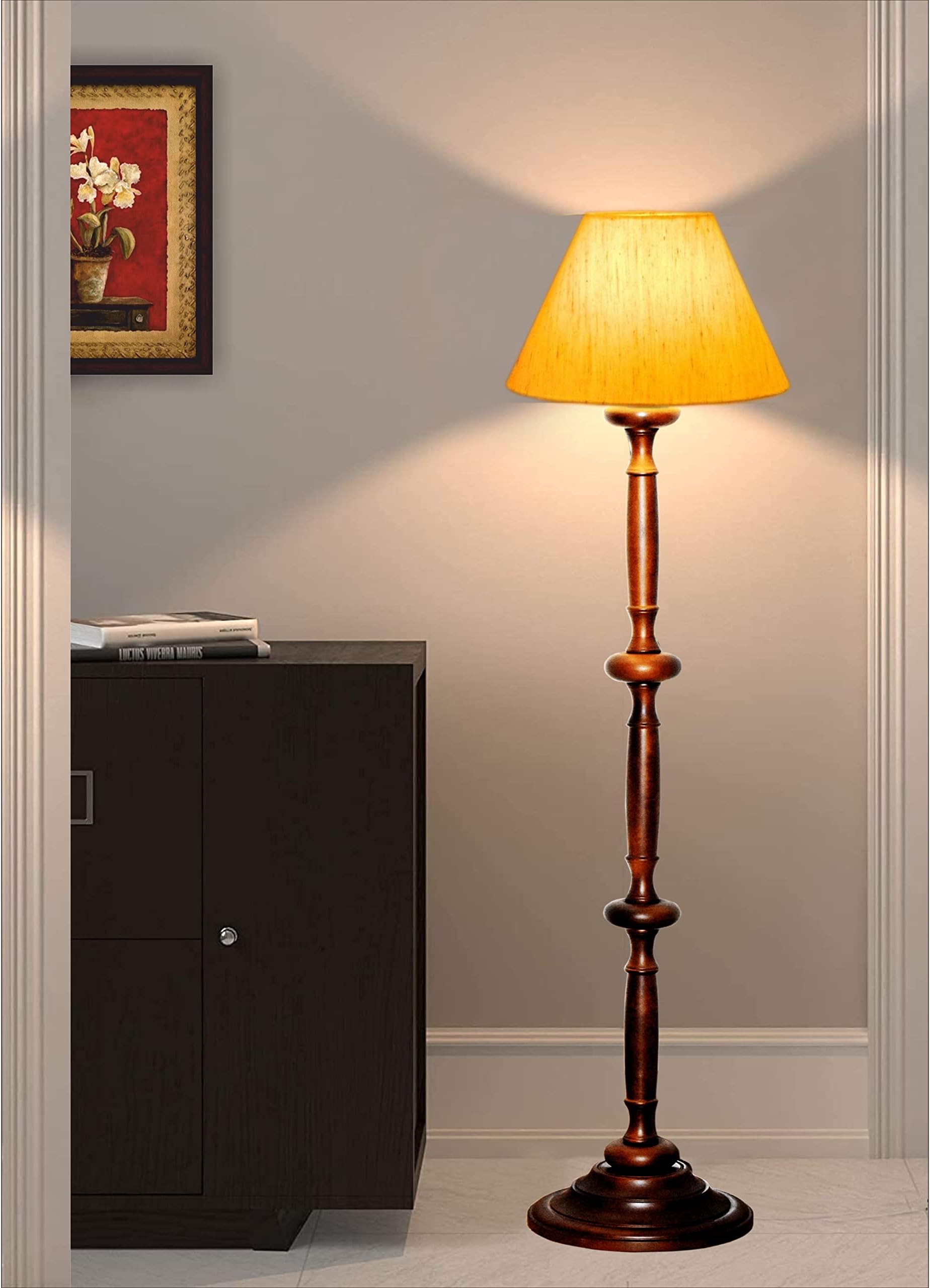 Crowner Bright Brick Rustic Wooden Floor Lamp for Bedroom with Off White Shade, Lamp for Living Room Drawing Room Guest Room (Pack of 1)