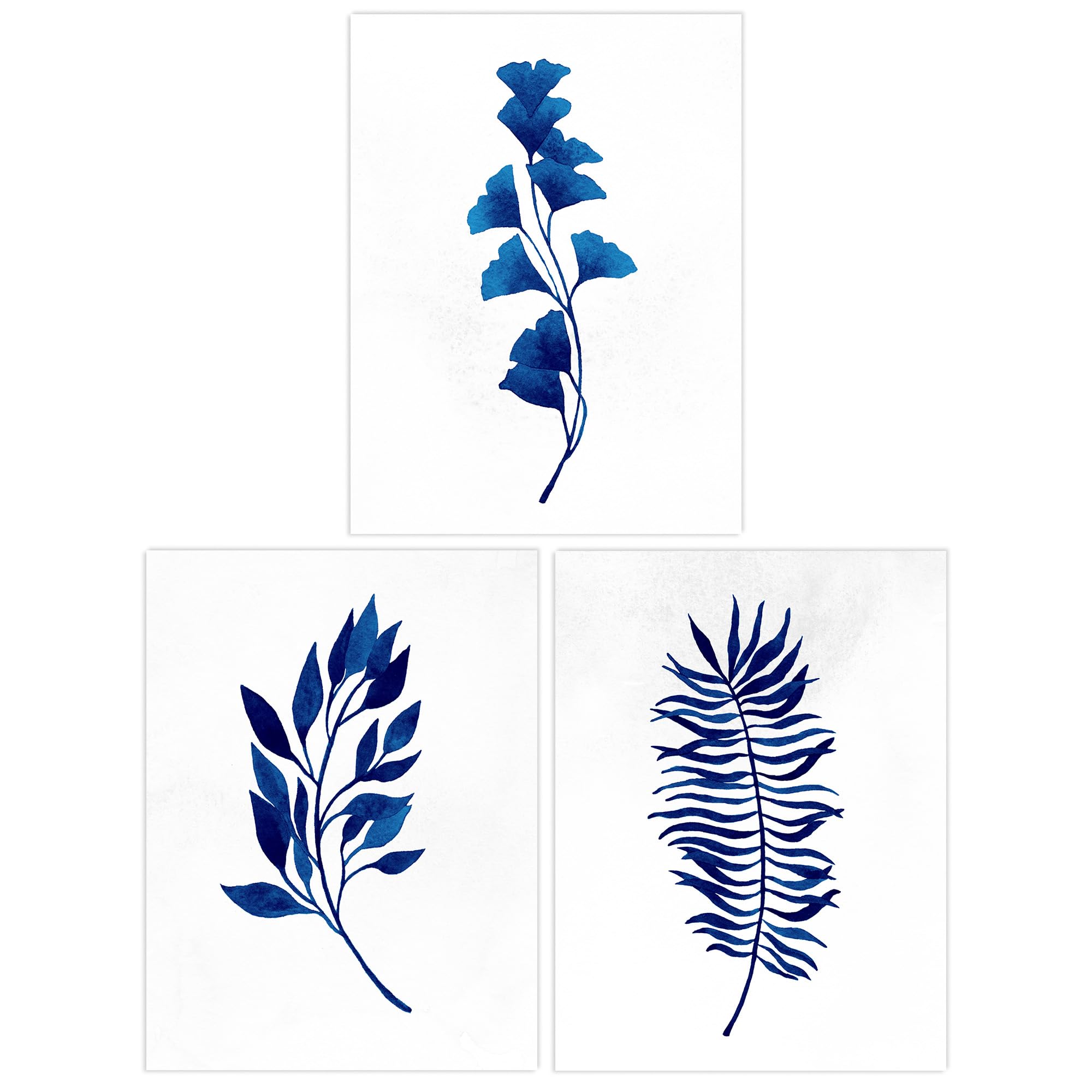 Simple Elegant Flower Plant Leaf Foliage Cobalt Blue Watercolour - 3 Piece No Frame Print Set
