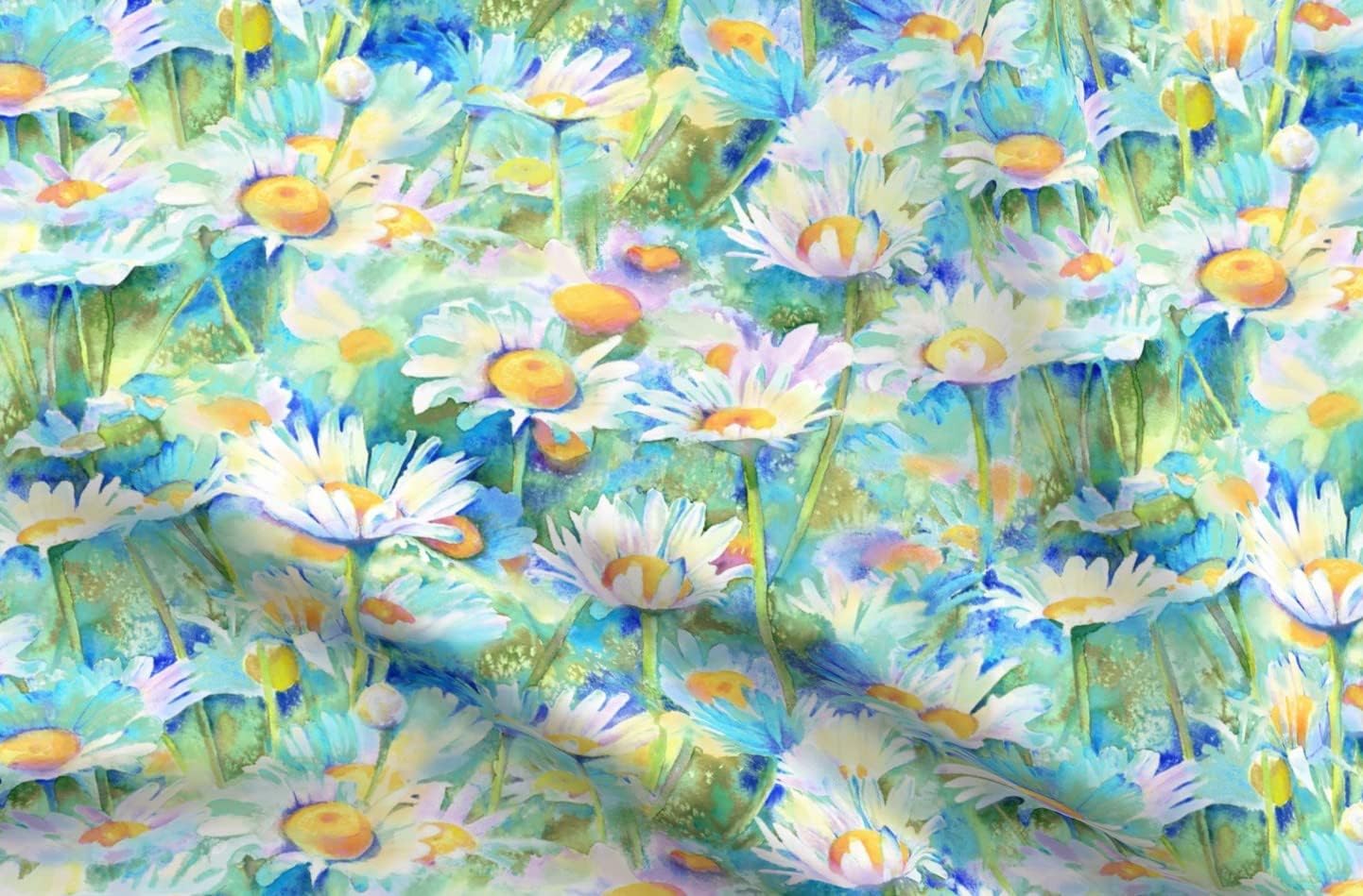 Spoonflower Fabric - Happy Daisies Flowers Watercolor Aquamarine Spring Blue Daisy Abstract Printed on Minky Fabric by The Yard - Sewing Baby Blankets Quilt Backing Plush