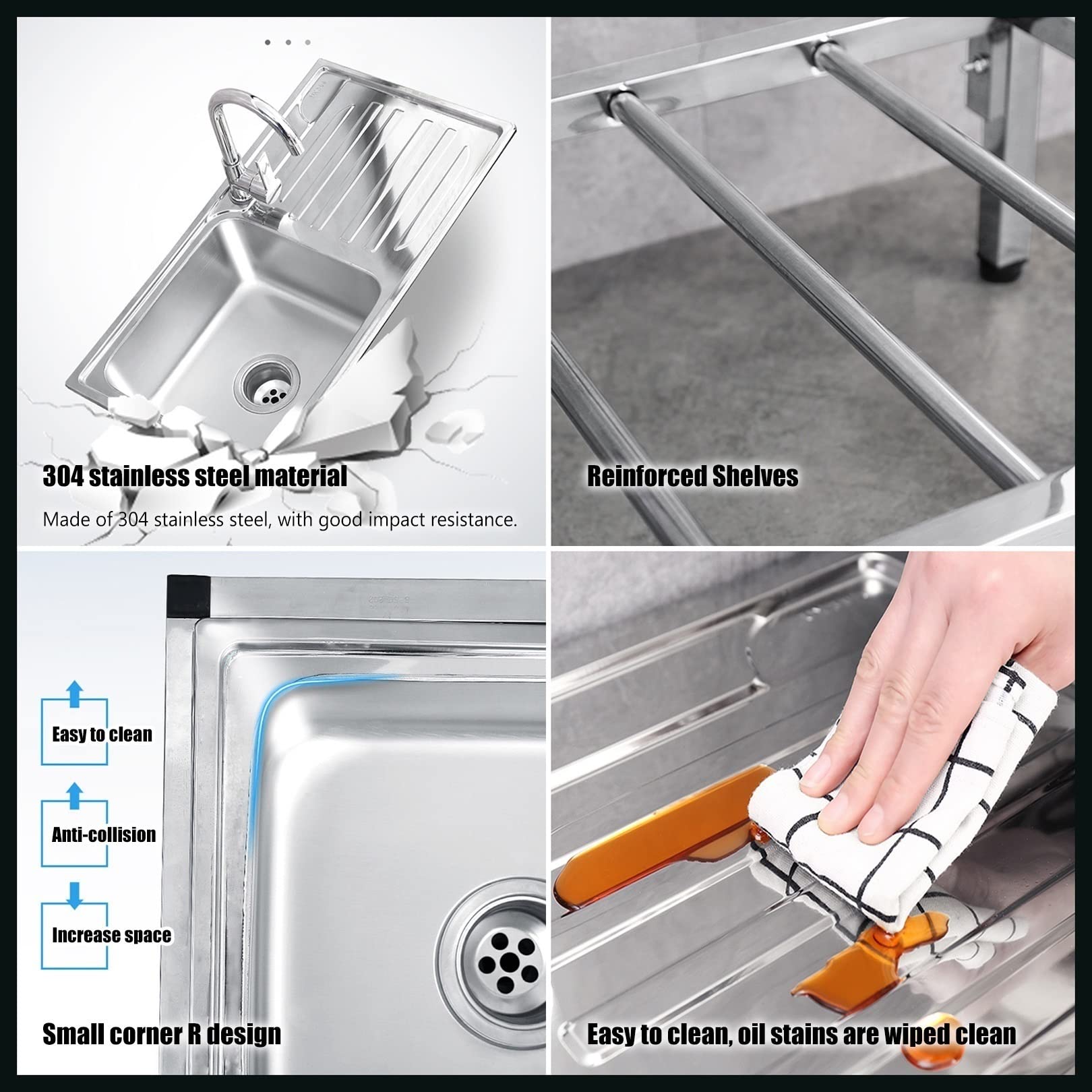 Fregadero de Cocina Comercial con Banco de Trabajo, Fregadero de Acero Inoxidable Independiente Con Agua Fria y Caliente Grifo,para Garaje, Jardín, Cocina, Lavadero (Color : Hot and cold, Size : 1-t