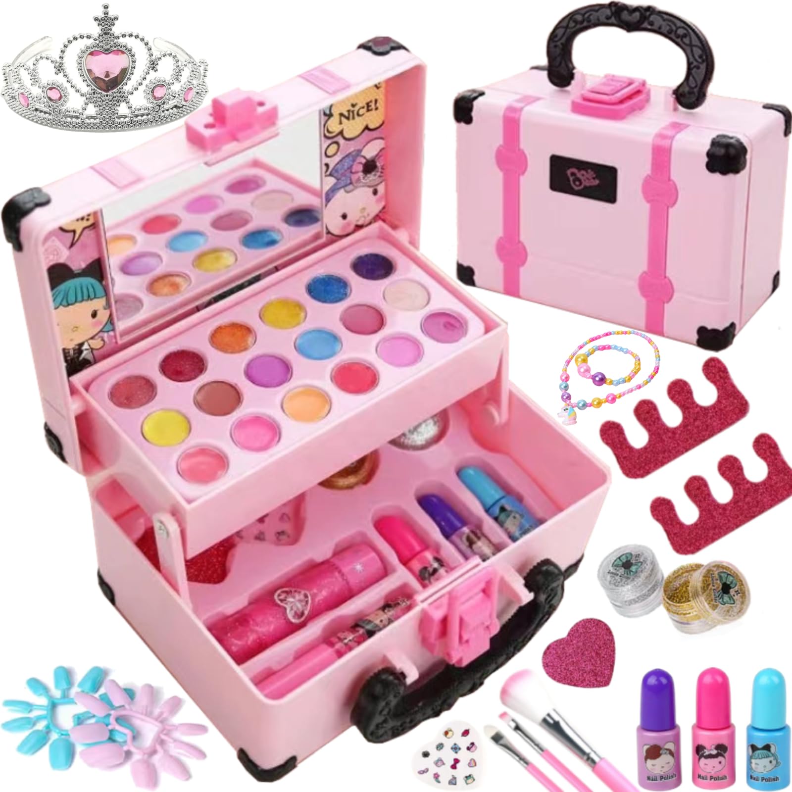 NESLIN Kids Makeup Toy Kit for Girl, Washable Play Makeup Toys Set Suitcase for Dress Up, Beauty Vanity Set with Cosmetic Case Birthday Toys for Girls 3 4 5 6 7 8 9 10 11 12 Year Old Kids Toddlers