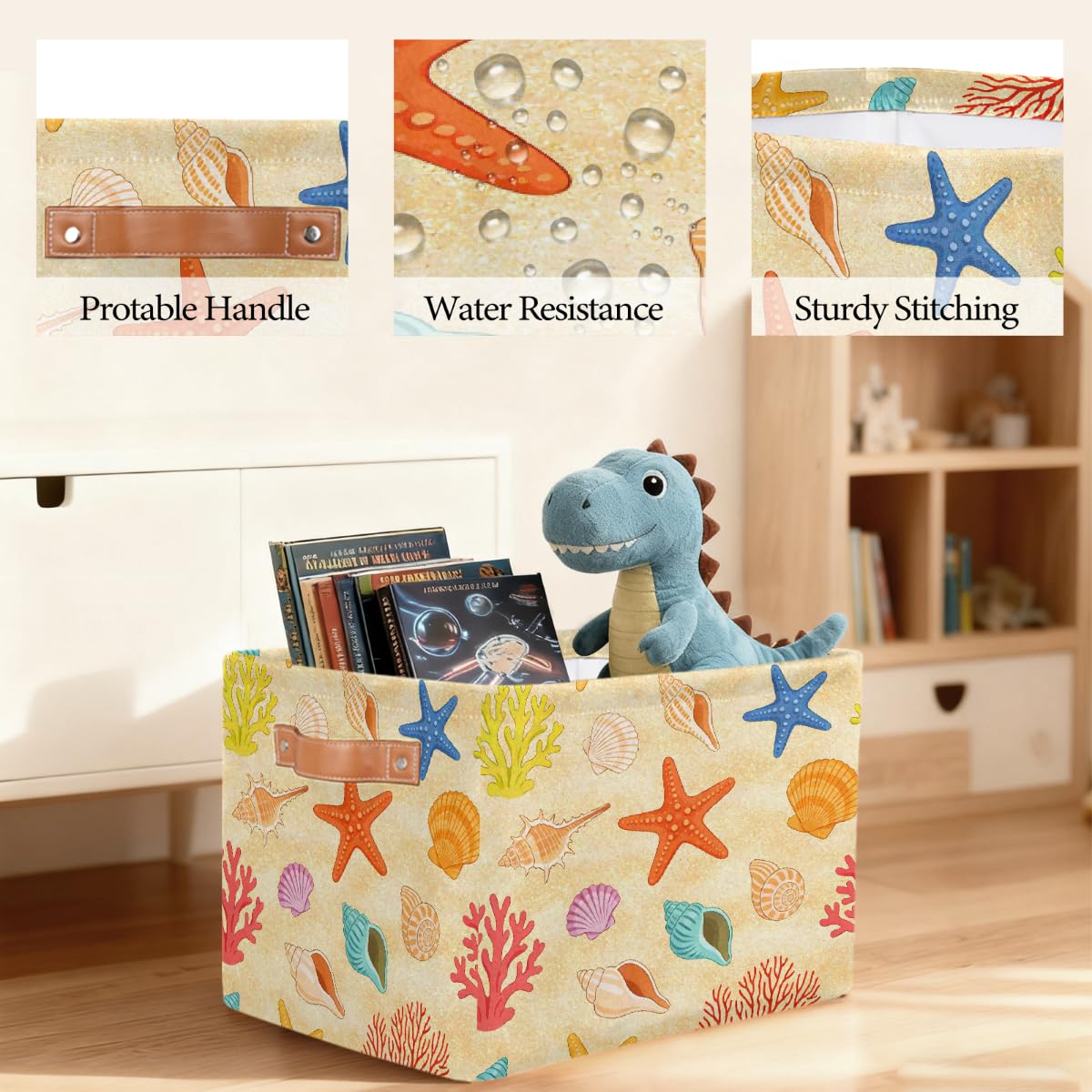 Rechteckiger Aufbewahrungskorb mit Ledergriffen, Cartoon-Sommer-Strand-Motiv, 2 Stück, faltbarer Stoff-Aufbewahrungskorb für Schrank, Badezimmer, Wohnzimmer, Büro, Spielzeug, Organizer