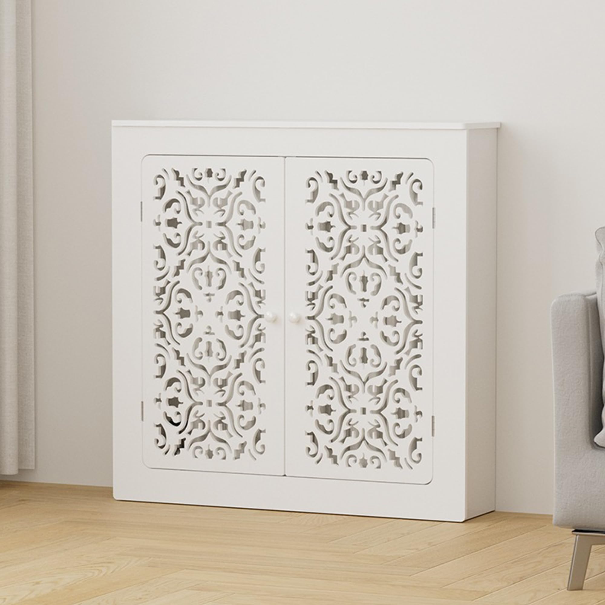 Cache-radiateur blanc ajouré meuble étagère chauffage maison salon