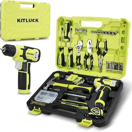 KITLUCK Juego de taladro eléctrico, 180 piezas de herramientas de mano para el hogar con taladro de 8 V, kit de caja de herramientas portátil con