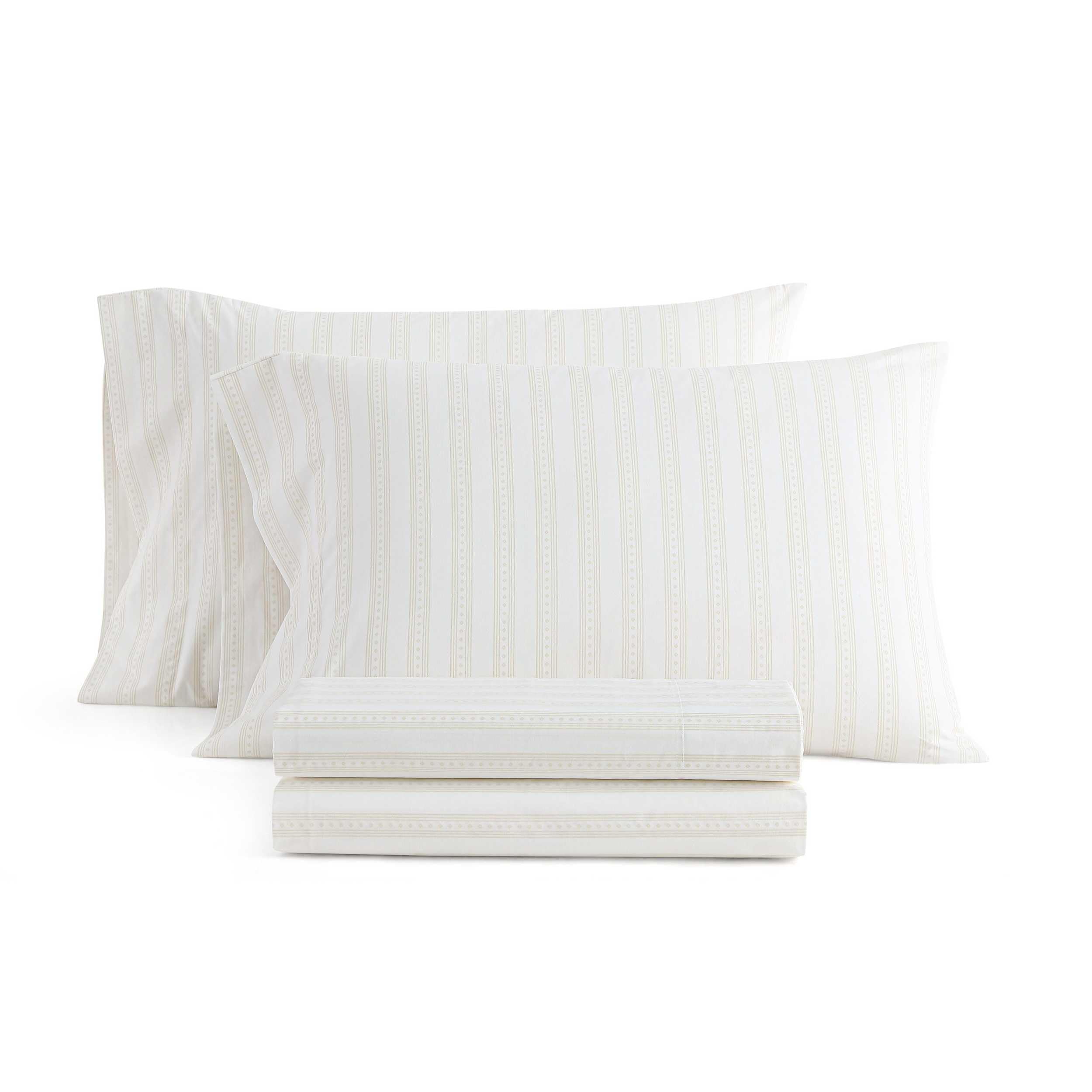 Martha Stewart - Queen Size Sheets Set, Crisp &amp; Tailored Cooling Sheets with a Smooth Cotton Percale Lightweight Feel - Bed Sheets with Matching Pillowcases &amp; Fitted Sheet (Francesca Stripe Beige)
