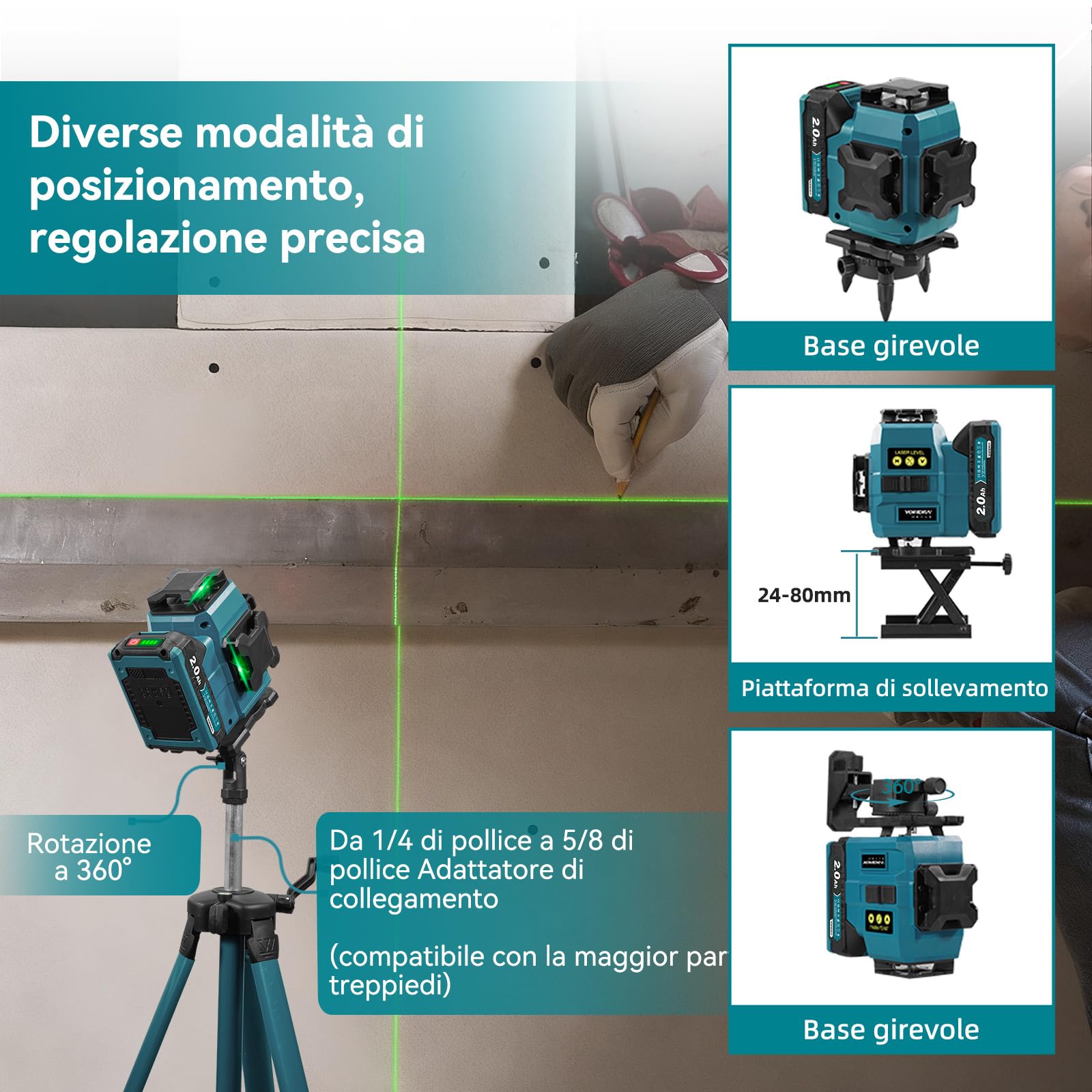 Yofidra Livella Laser con Treppiede - Laser a Linee Incrociate, Laser Autolivellante 4 x 360°, 4D 16 Linee, con 2 Batterie da 2000 mAh, Telecomando, IP54, per Cantieri, Interni