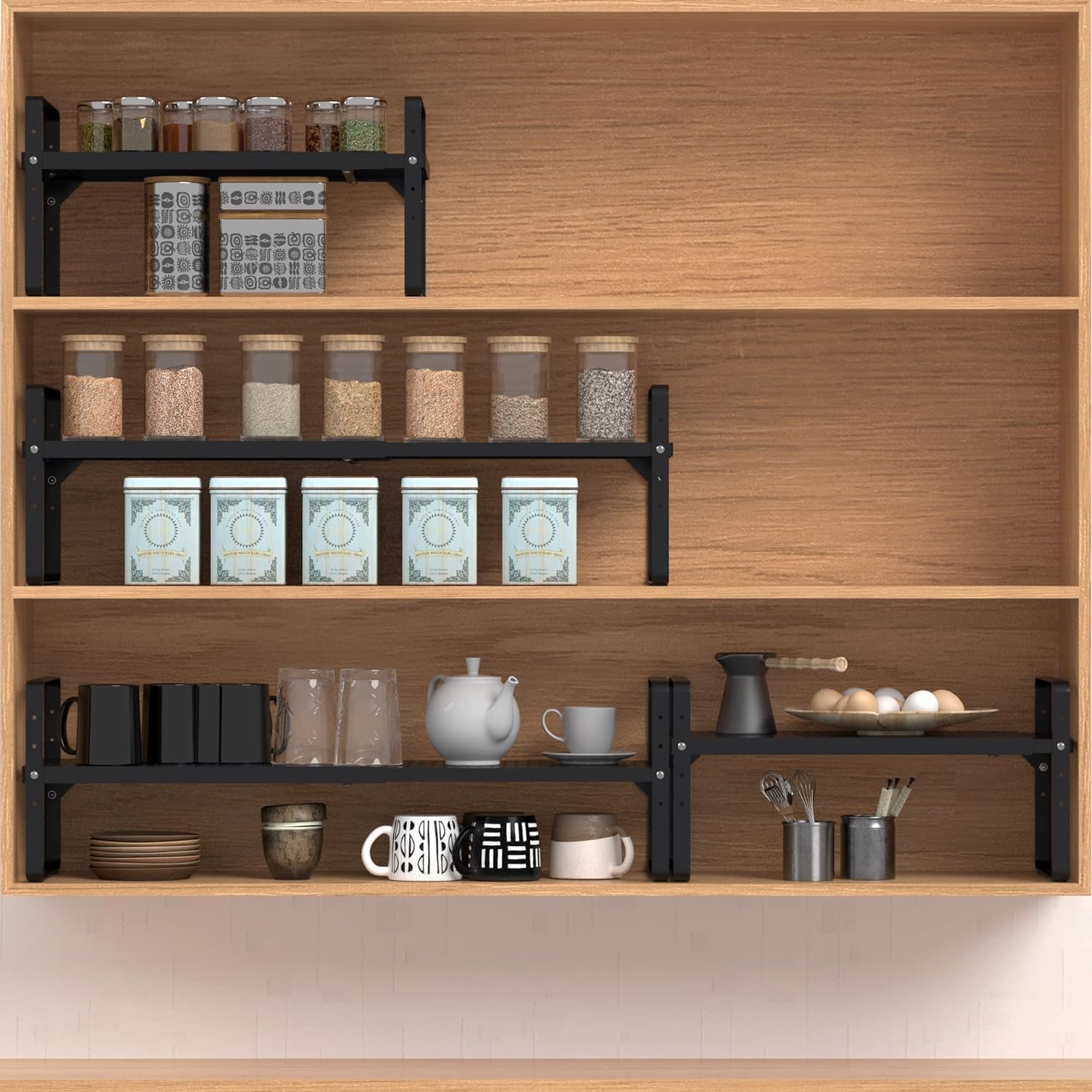 Erweiterbares Schrankregal, Organizer, verstellbar, Metall, Gewürzregal, stapelbar, freistehende Theke, Aufbewahrungsregale für Küchenschrank, unter der Spüle, Büroschreibtisch (schwarz, 3 Stück – L
