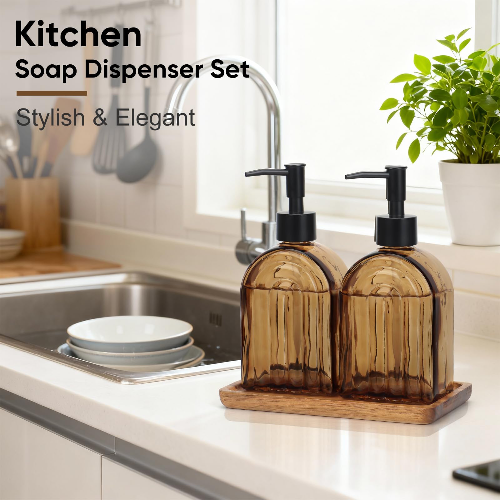 2 Pack Arch Glass Soap Dispenser with Plastic Pump, 13OZ Liquid Hand Soap Dispenser with Cassia Wood Tray, Rustproof Pump for Kitchen & Bathroom, Great for Lotions, Essential Oil, Liquid Soaps,Amber - 3