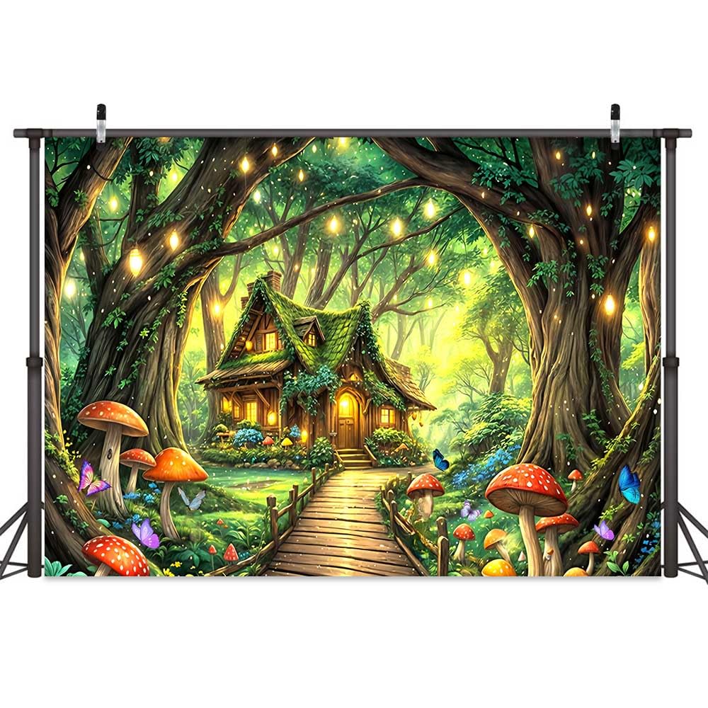 12x10ft Enchanted Forest Backdrop Mushroom Butterfly Garden Fairy Tale Spring Wonderland Jungle House Grass Girls Birthday Background Glitter Forest