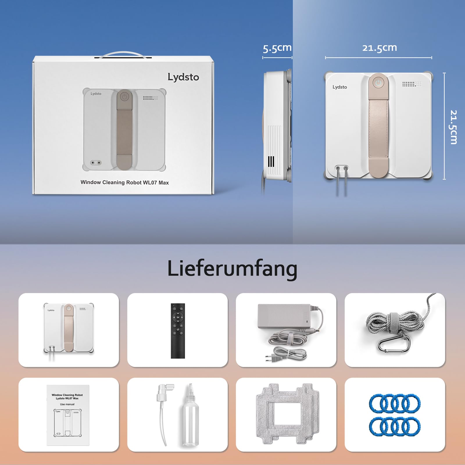 Lydsto WL07 Max Fensterputzroboter mit Sprühfunktion kompakt, Vier Ultraschall Wasserdüsen, Eckenreinigung, 8000Pa Elektrischer Fensterputzer 110ML Tank, 4 Reinigungsmodi (Weiß)