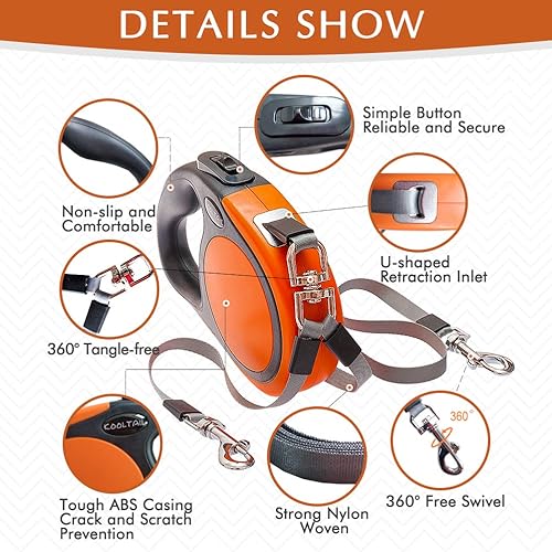 Miniatura 7 de KOOLTAIL Correa retráctil doble para perros de hasta 110 libras, resistente, doble cabeza, 16 pies, flexible, extensible, 360, sin enredos, un botón