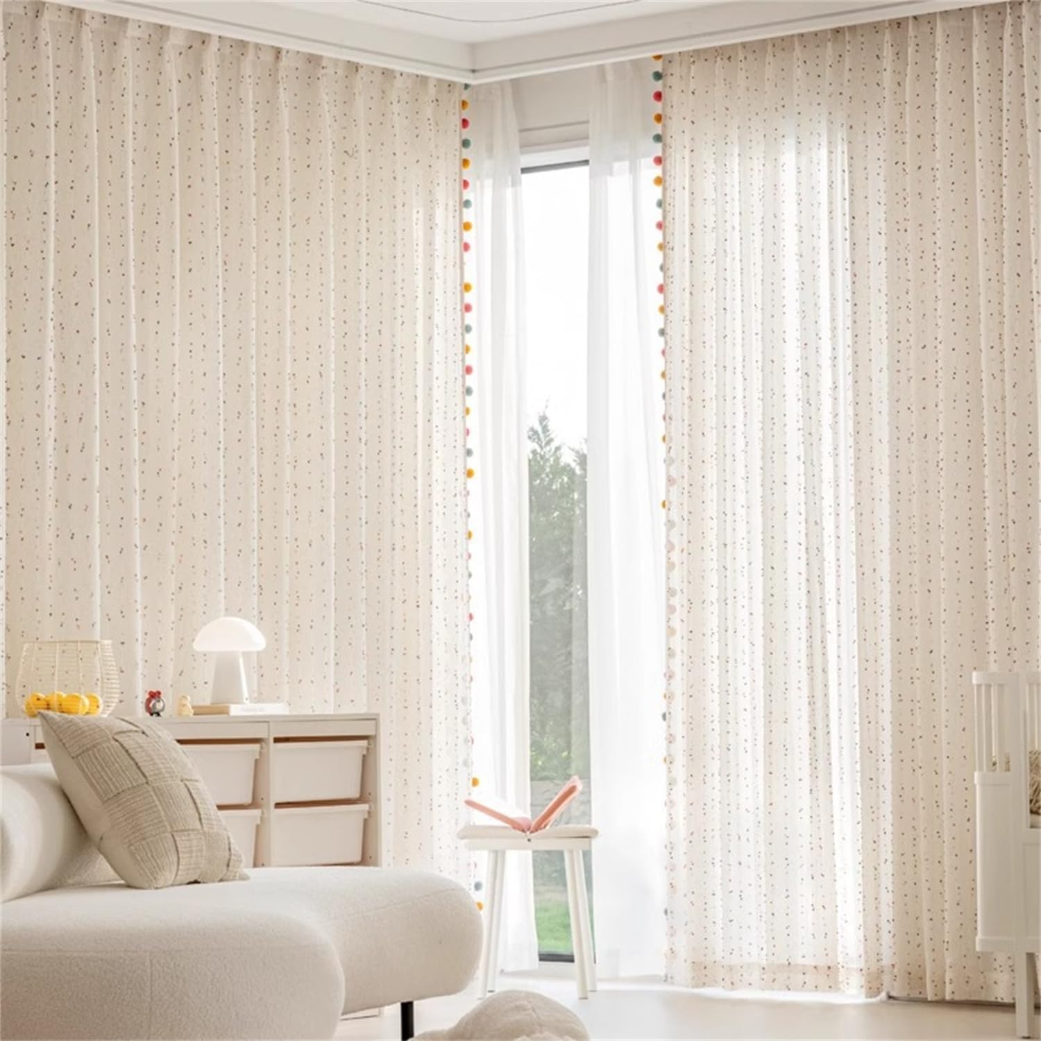 Rideaux Transparents Bohème Arc-en-Ciel avec Pompons, Filtre Lumière, Imitation Lin Rayures, Passe-Tringle pour Chambre Enfant