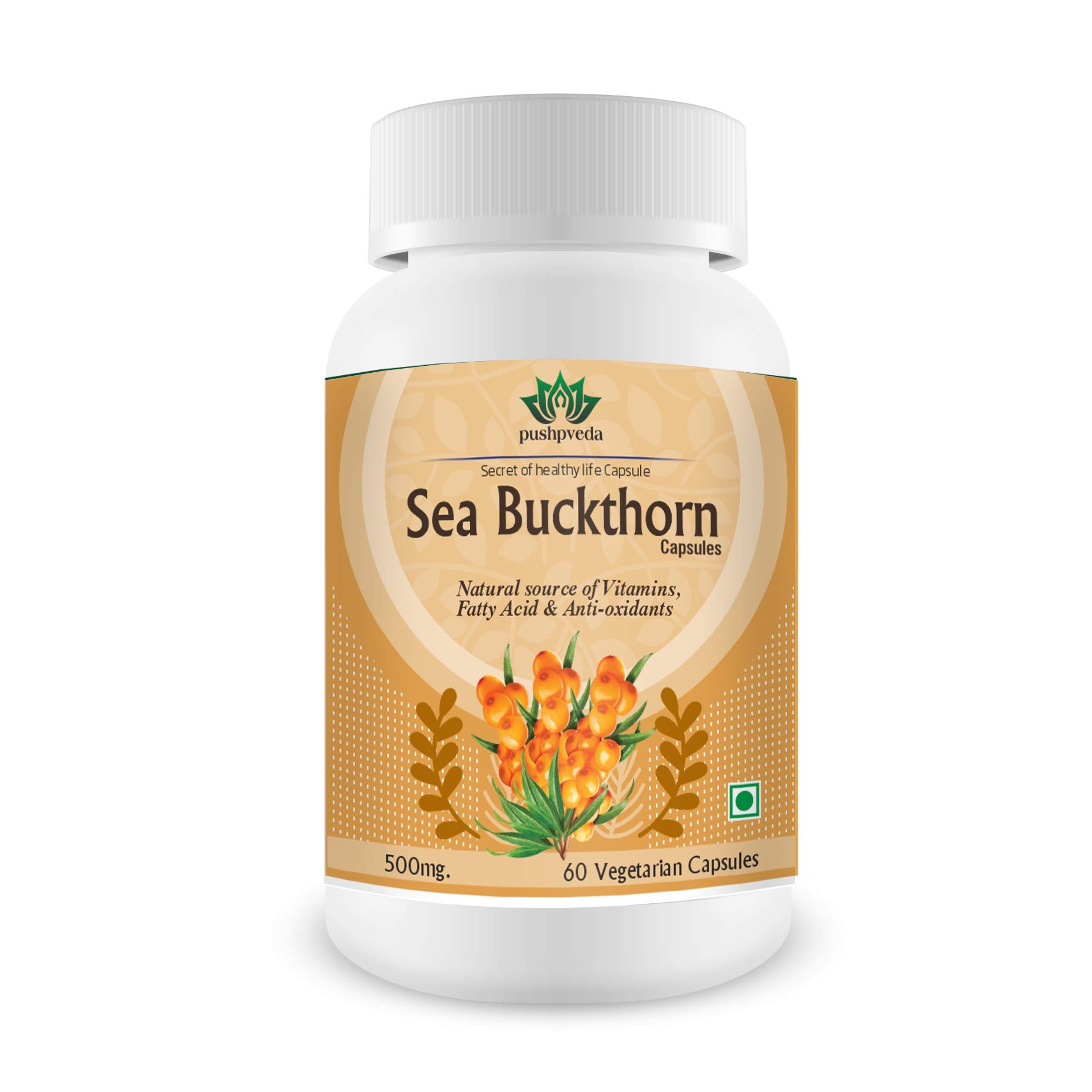 Pushpveda Sea Buckthorn Extract Capsule (Pack of 1, 500 mg), 60 Vegetarian Capsules Natural Source of Vitamins, Fatty Acid, & Anti-oxidants | Skin Care & Body Detox