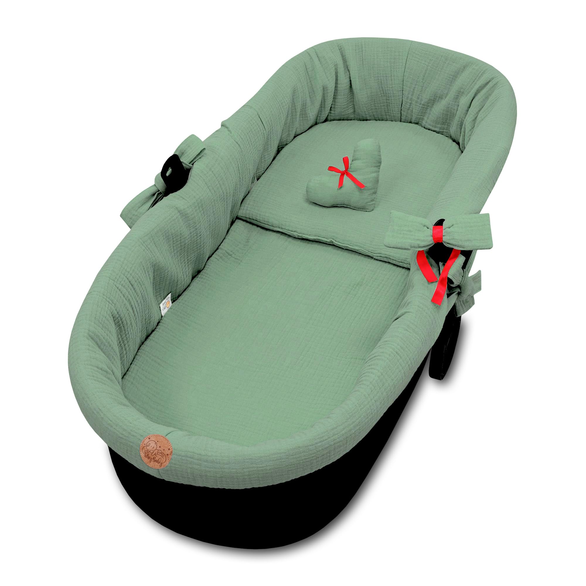 Accessori per passeggino carrozzina mussola neonato Inserto navicella - set 3 pezzi con nido cuscino e materassino cotone morbido inserto Verde