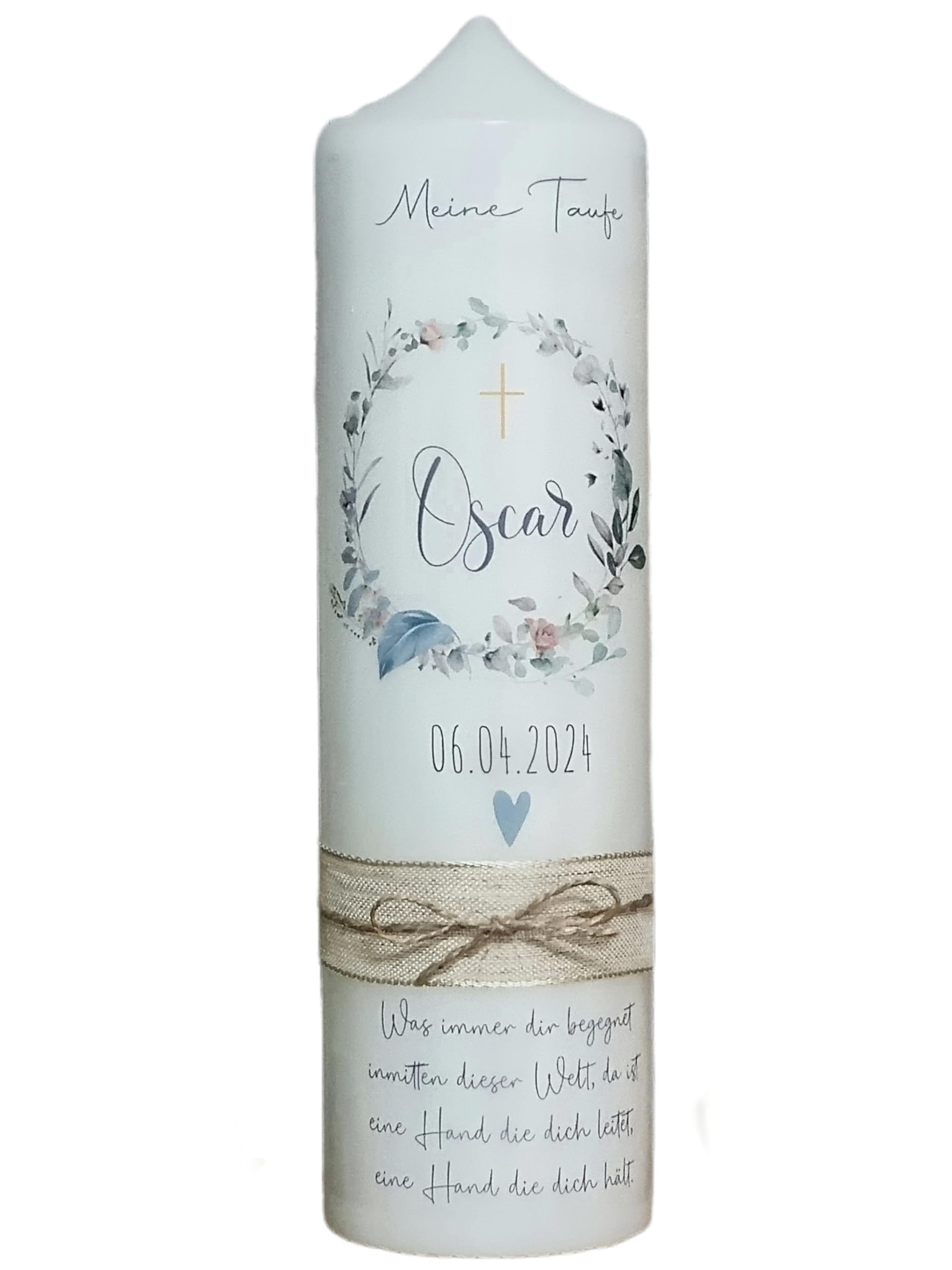 TAUFKERZE | KOMMUNIONKERZE | KONFIRMATIONKERZE " Oscar" -Blumenkranz mit Schleife- für Mädchen und Jungen | beschriftet mit Namen und Datum, Taufspruch