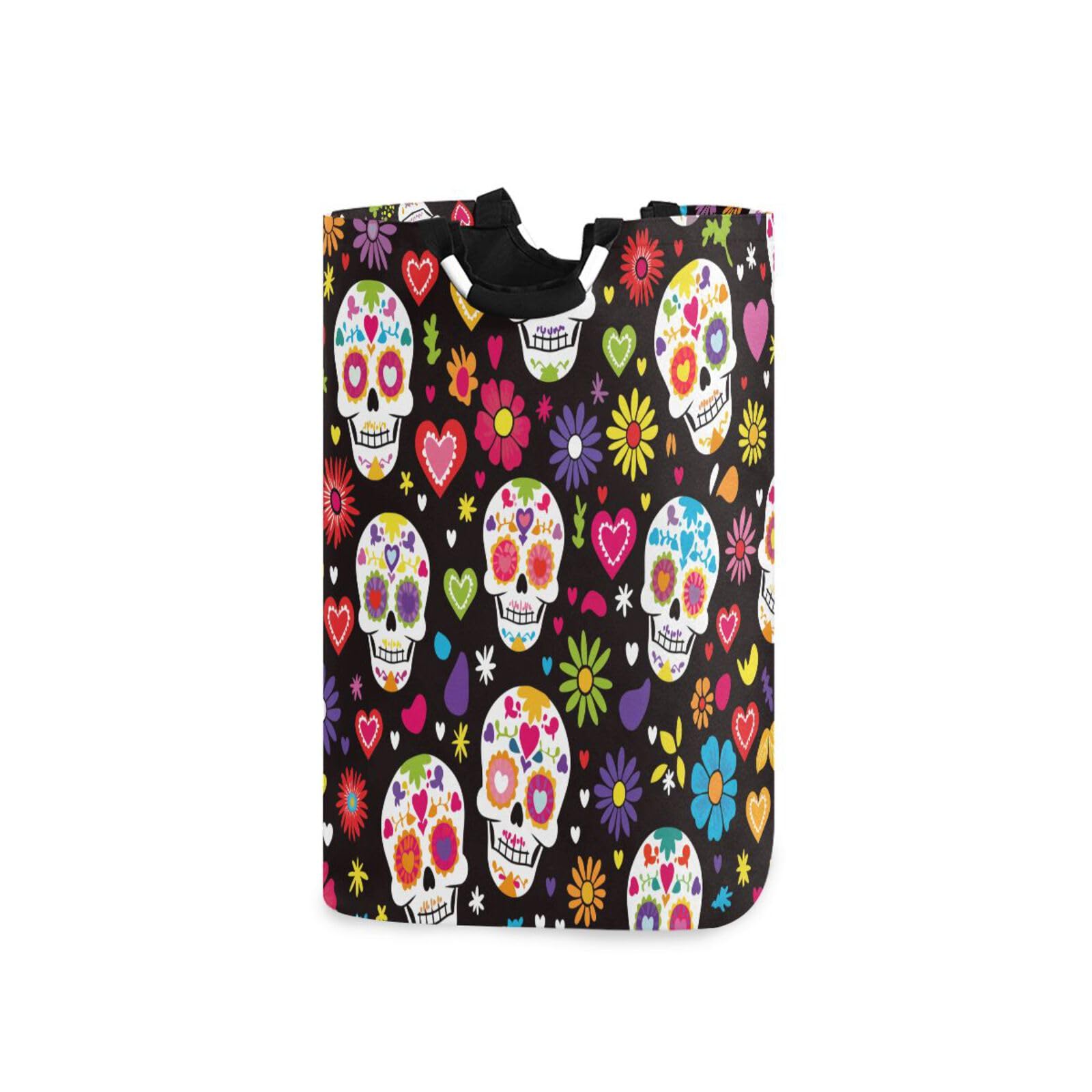 Jihqo Laundry Hamper Basket Sugar Skull Mexican Flowers Collapsible Nursery Storage Bin Waterproof Clothing Baskets for Home Bedroom Bathroom Washing Room