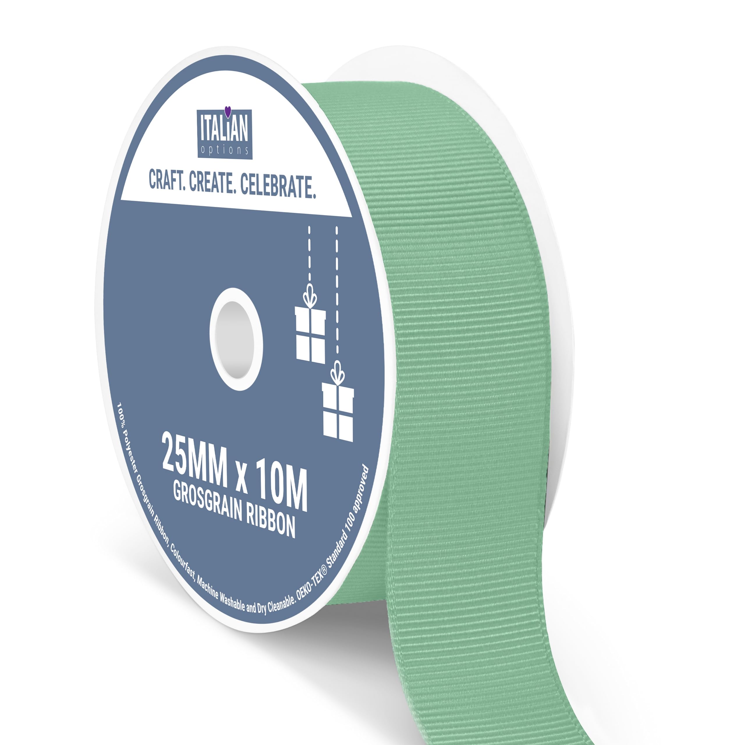 Italian Options Grosgrain Ribbon 25mm, Strong Plain Sage Green Ribbon for Bows, Wedding, Crafting, Sewing, Hair Accessories, Gift Wrap, 25 mm x 10 Metre Roll, Sage Green