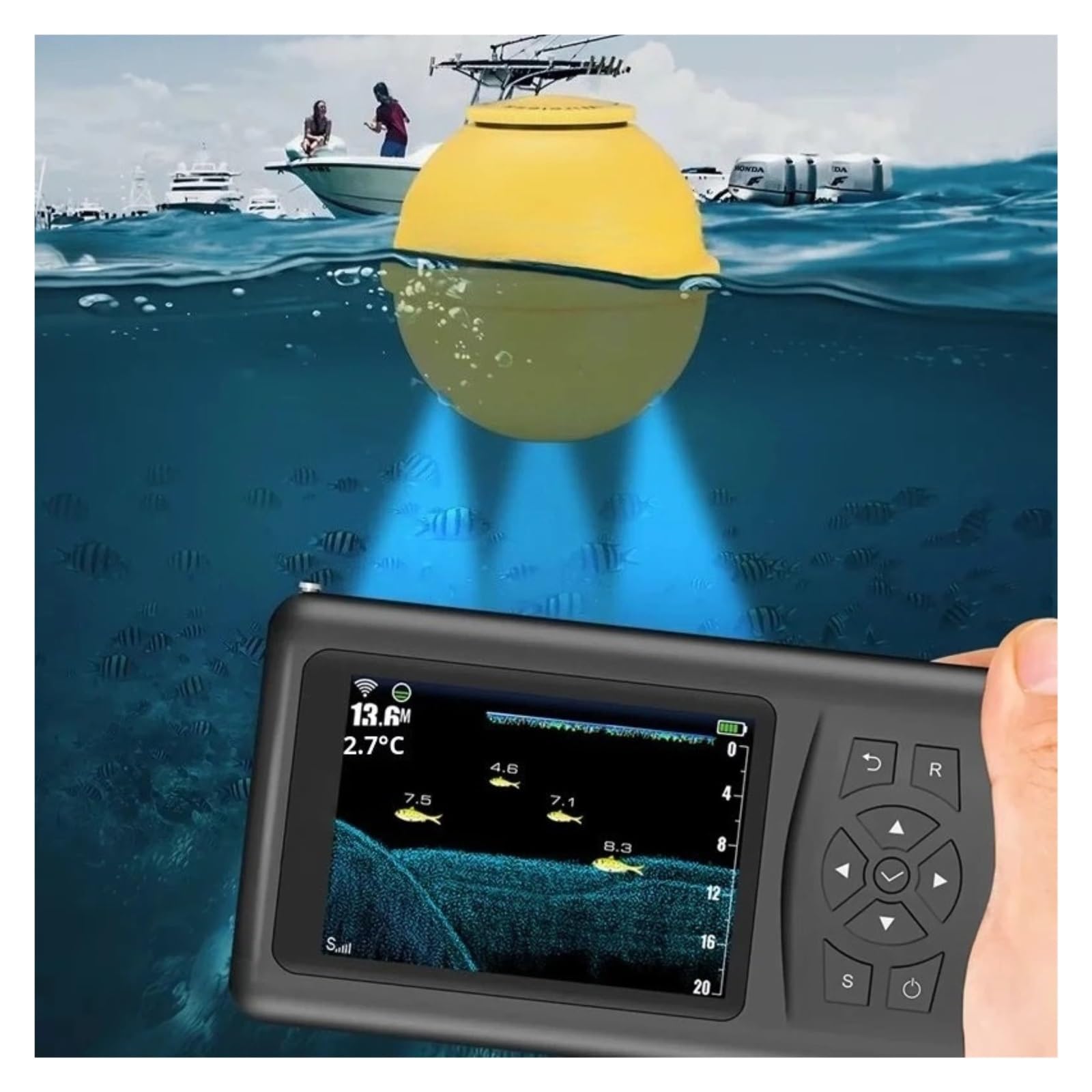 3D Wireless Fish Finder Tragbarer Sonar-Bass-Locator mit Farbdisplay,High-Definition