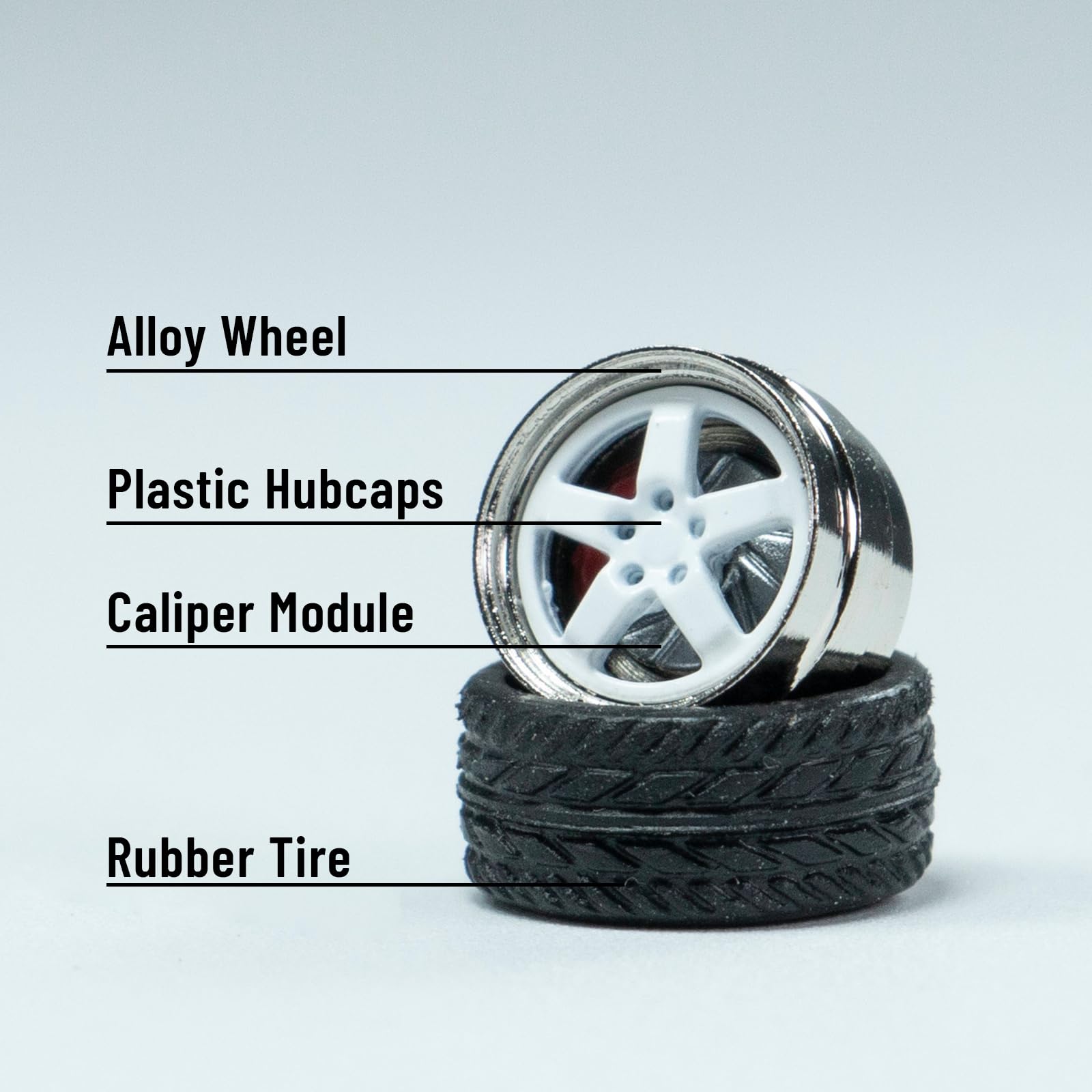 CHENZHIZHAO 1/64 Wheels and Tires Set, Die-Cast Model Car Alloy Rubber Bearing Silky Wheel,Diameter 0.43 in, Hot Wheel DIY Modification Replacement Parts 4 Sets/Pack (White-Y)