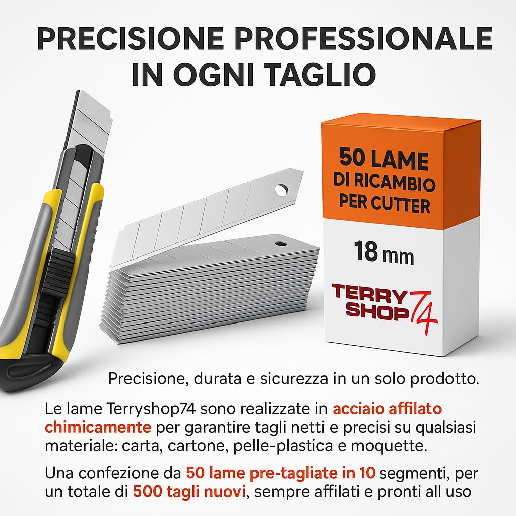 Lame di Ricambio per Cutter 18 mm – Acciaio Affilato Chimicamente – Pre-Tagliate in 10 Parti per 500 Tagli
