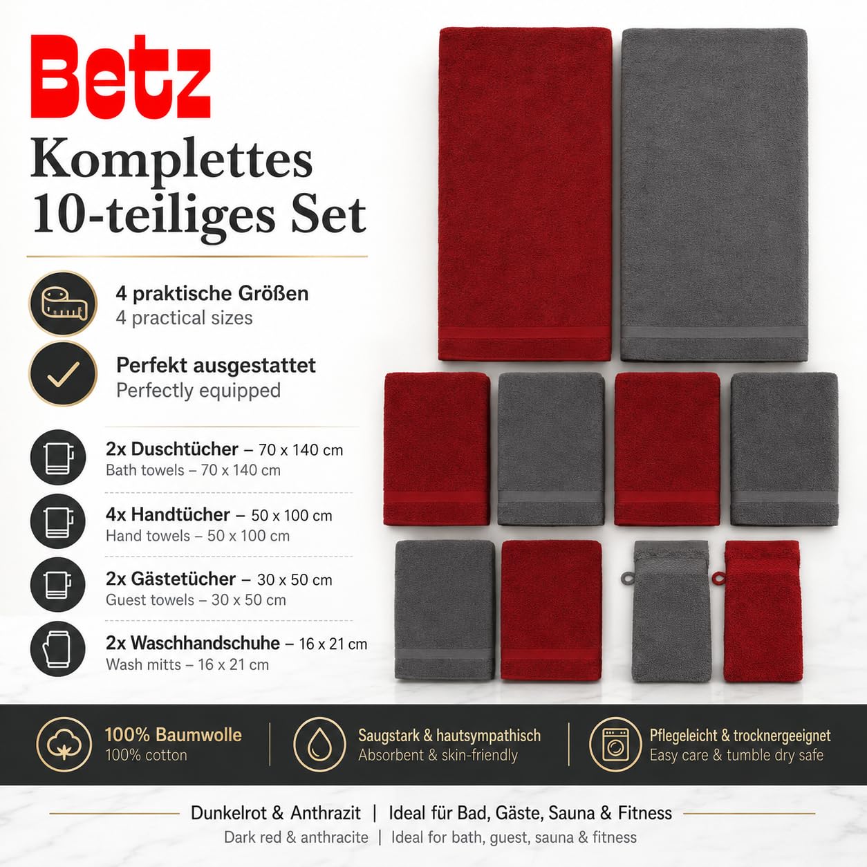 Betz 10-teiliges Premium Handtuchset - 100% Baumwolle Frottee - Saugstark & Hautsympathisch - 2X Duschtücher - 4X Handtücher - 2X Gästetücher - 2X Waschhandschuhe - Farbe Dunkelrot & Anthrazit