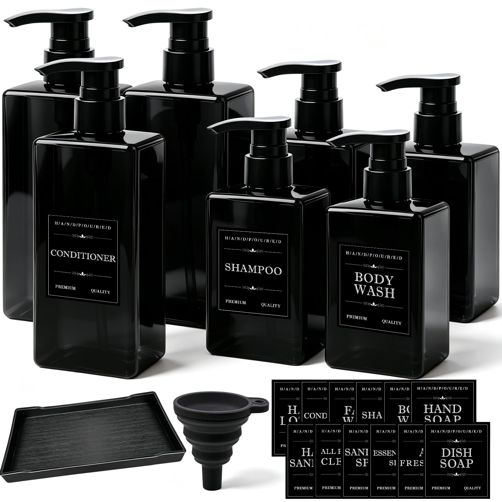 Bohoray 7 Pcs 300 & 500ml Shampoo and Conditioner Dispenser Black Plastic