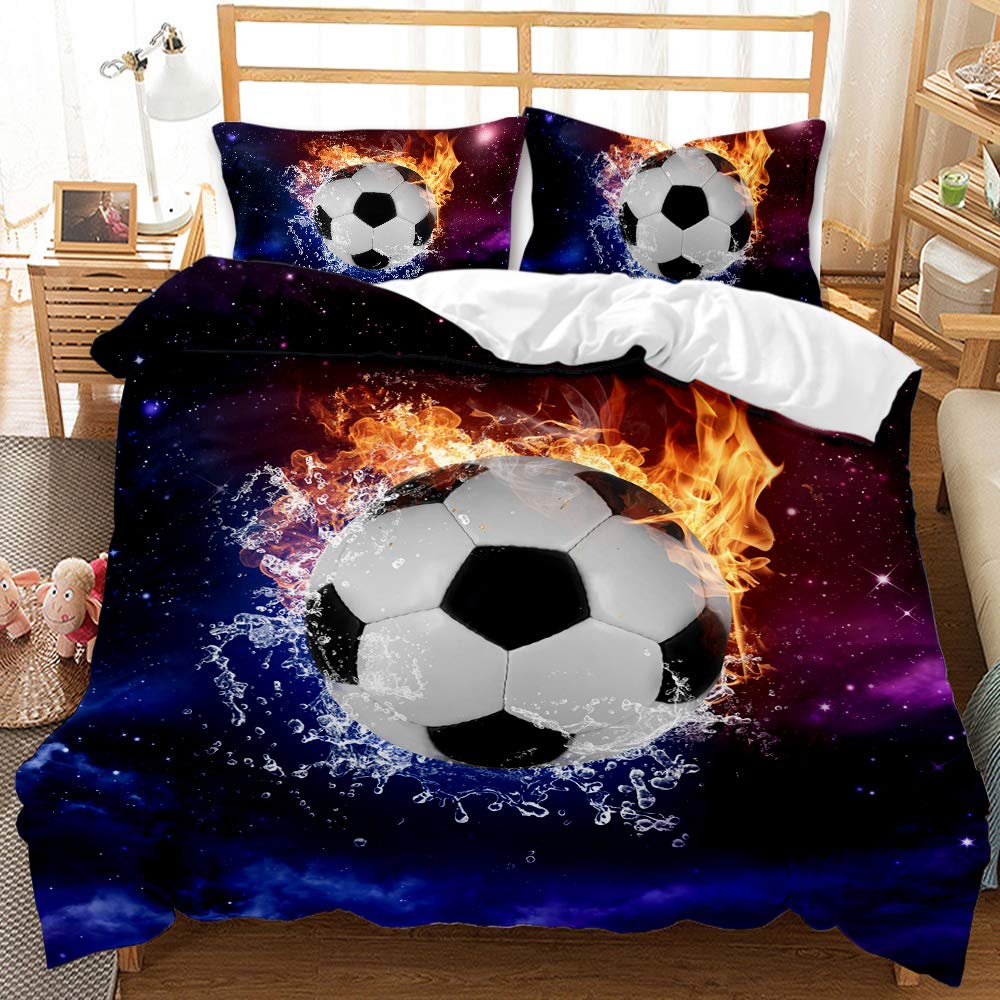 Parure de lit football 155x220 cm avec 2 taies d'oreiller 3D pour chambre de garçon