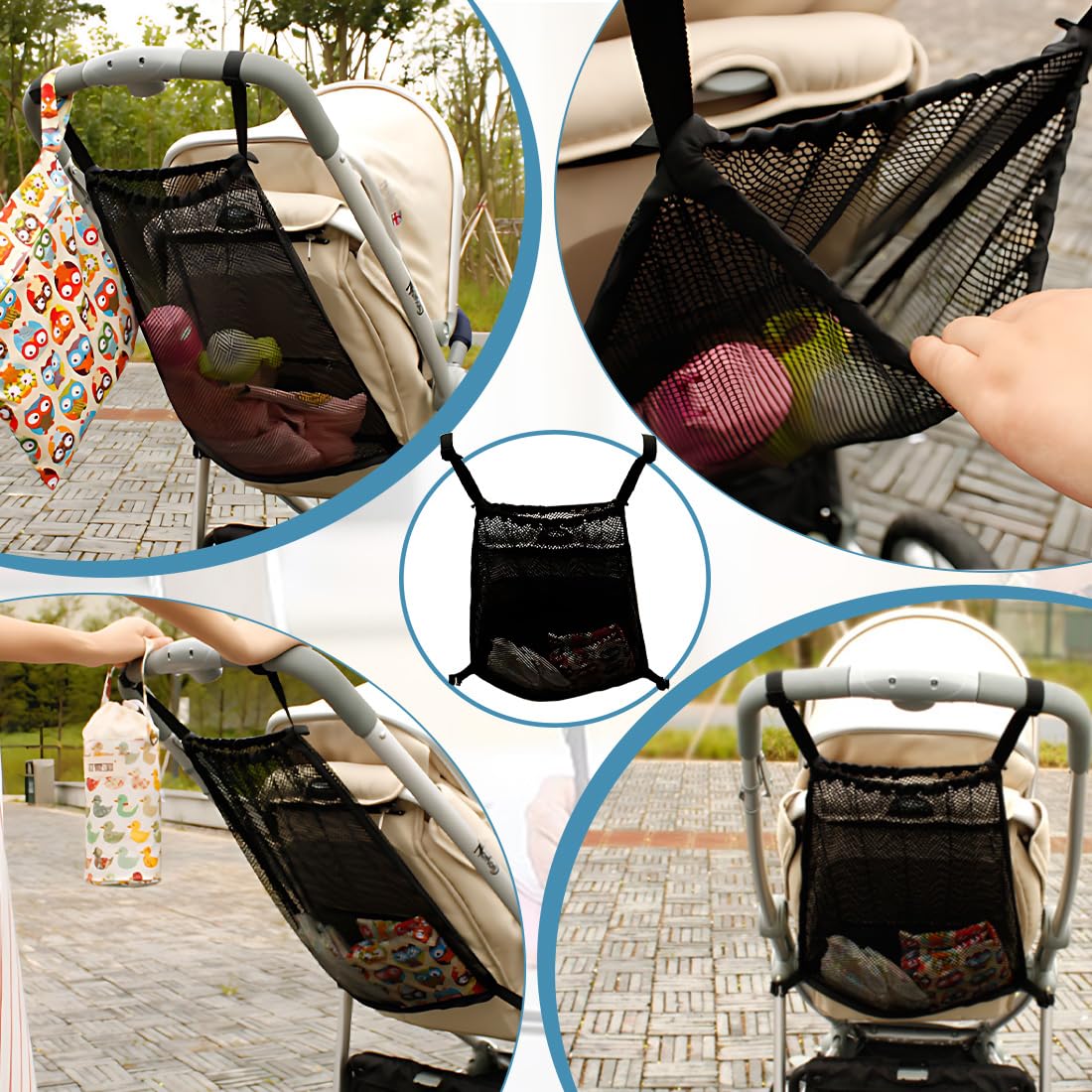 1 Pezzo Borsa in Rete 30×50cm Universale per Carrozzine, Passeggini, Passeggini Sportivi, Jogger per Gemelli/Chiusura a Scatto Semplice,Nero