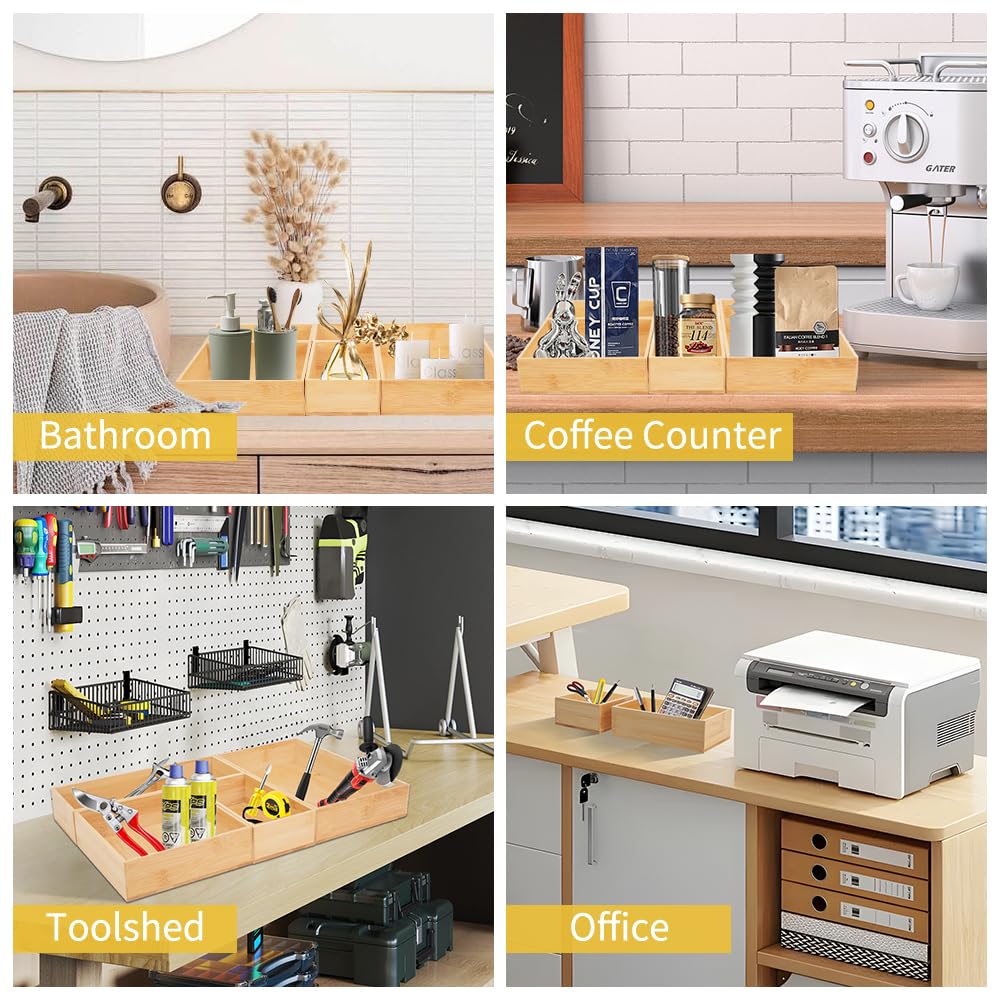 Organizer per cassetti, 5 cm di altezza, in bambù, per tavolo da toeletta e trucco, diverse dimensioni, portaposate, scatola portaoggetti per ufficio, cucina, bagno (legno naturale)