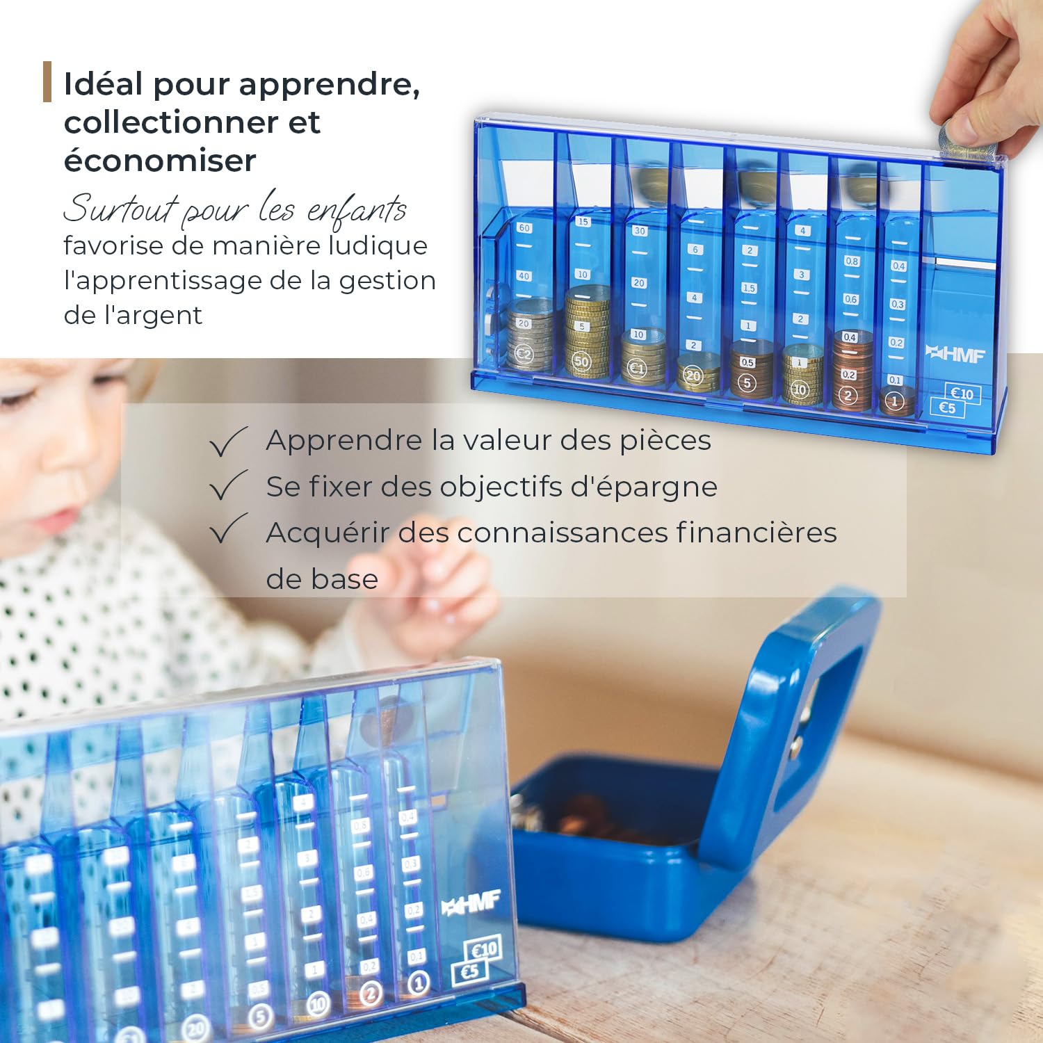 HMF Compteur de pièces avec tri Automatique pour Le Rangement de la Monnaie, trieur de pièces Transparent avec échelle de Valeur, Tirelire pour Enfants | 24 x 12 x 5 cm | Bleu