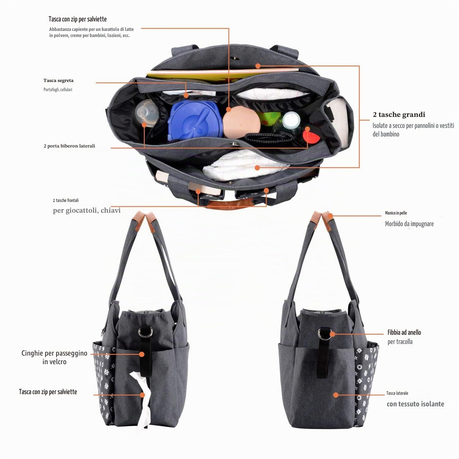 Homlynn Borsa a tracolla per cambio pannolino, borsa messenger da viaggio con cinghie per carrozzina, 12 tasche, grigio classico