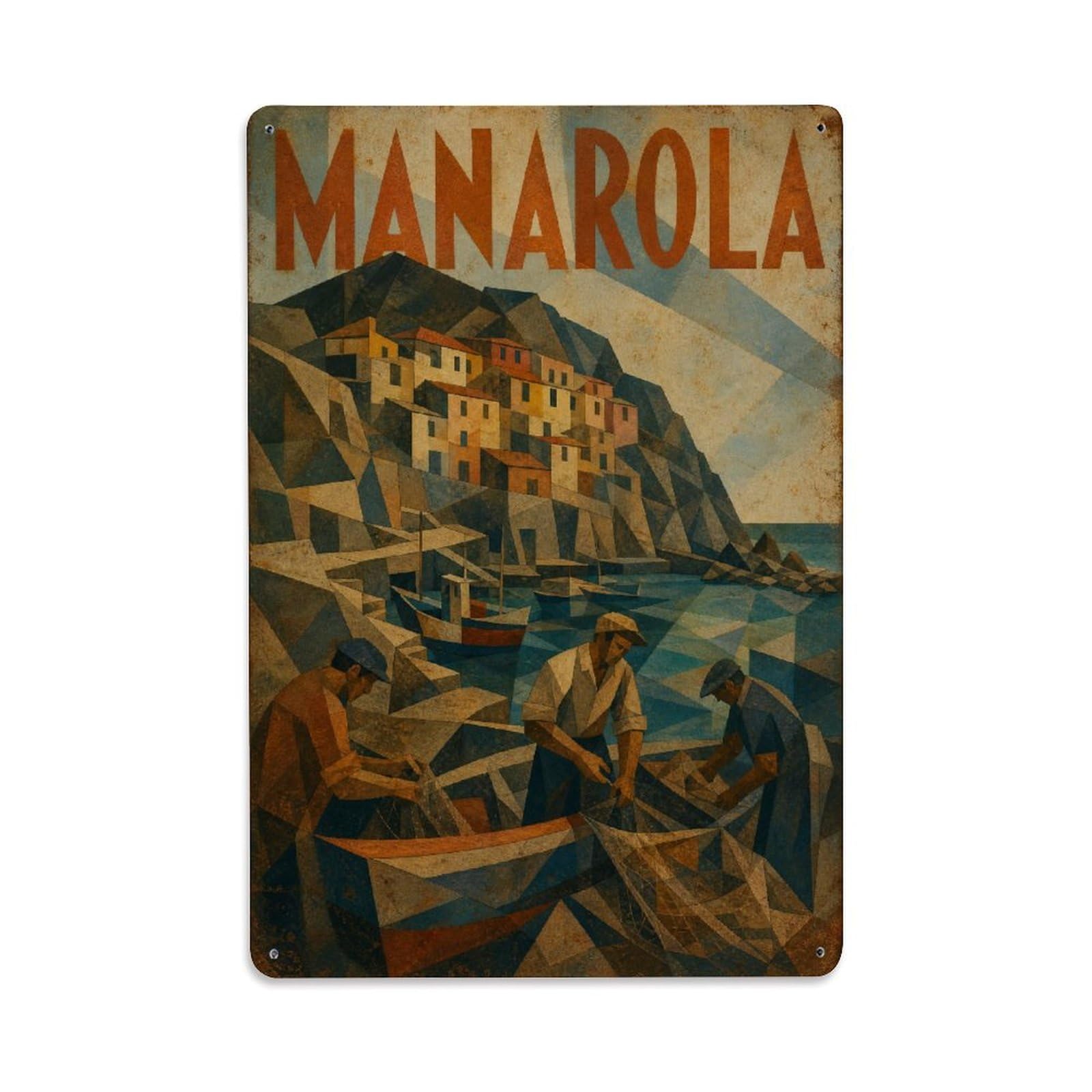Huiyhb 8X12inch(20X30cm) Vintage Travel Manarola Harbor Scene Fishing Village Life Italy Metal Tin Sign