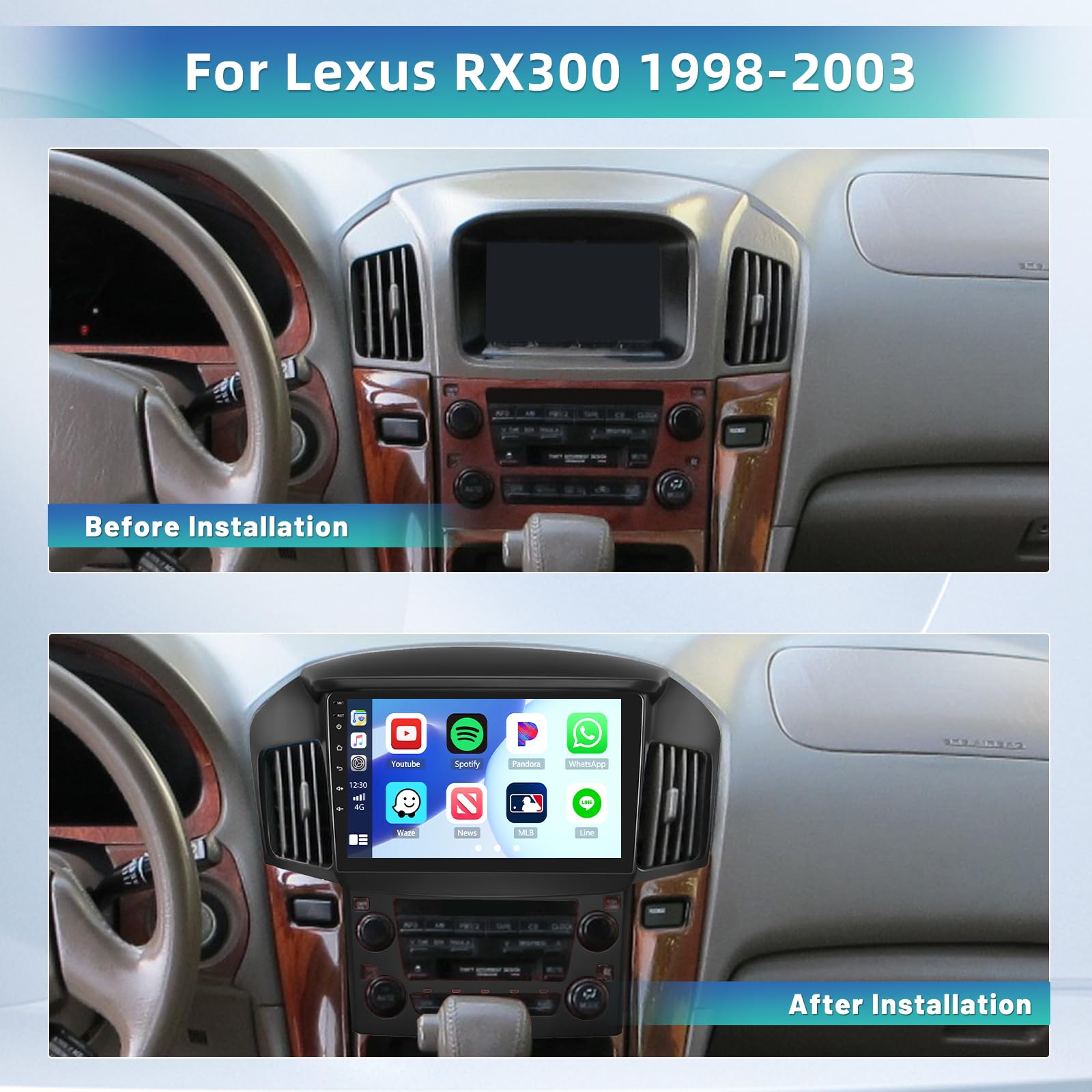 AWESAFE Android 12.0 Car Stereo For 1998-2003 Lexus RX300 – 9-inch Touchscreen, GPS Nav, WiFi, CarPlay, FM Radio