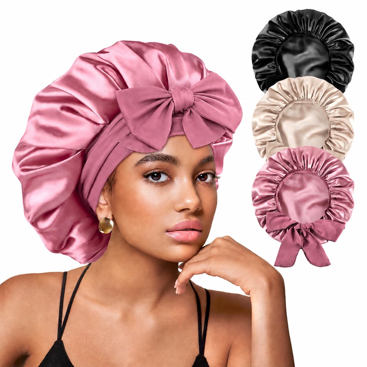 Yanideer 3 gorros de satén ajustables para dormir, doble capa, con forro de satén, con banda de amarre para mujer, cabello rizado