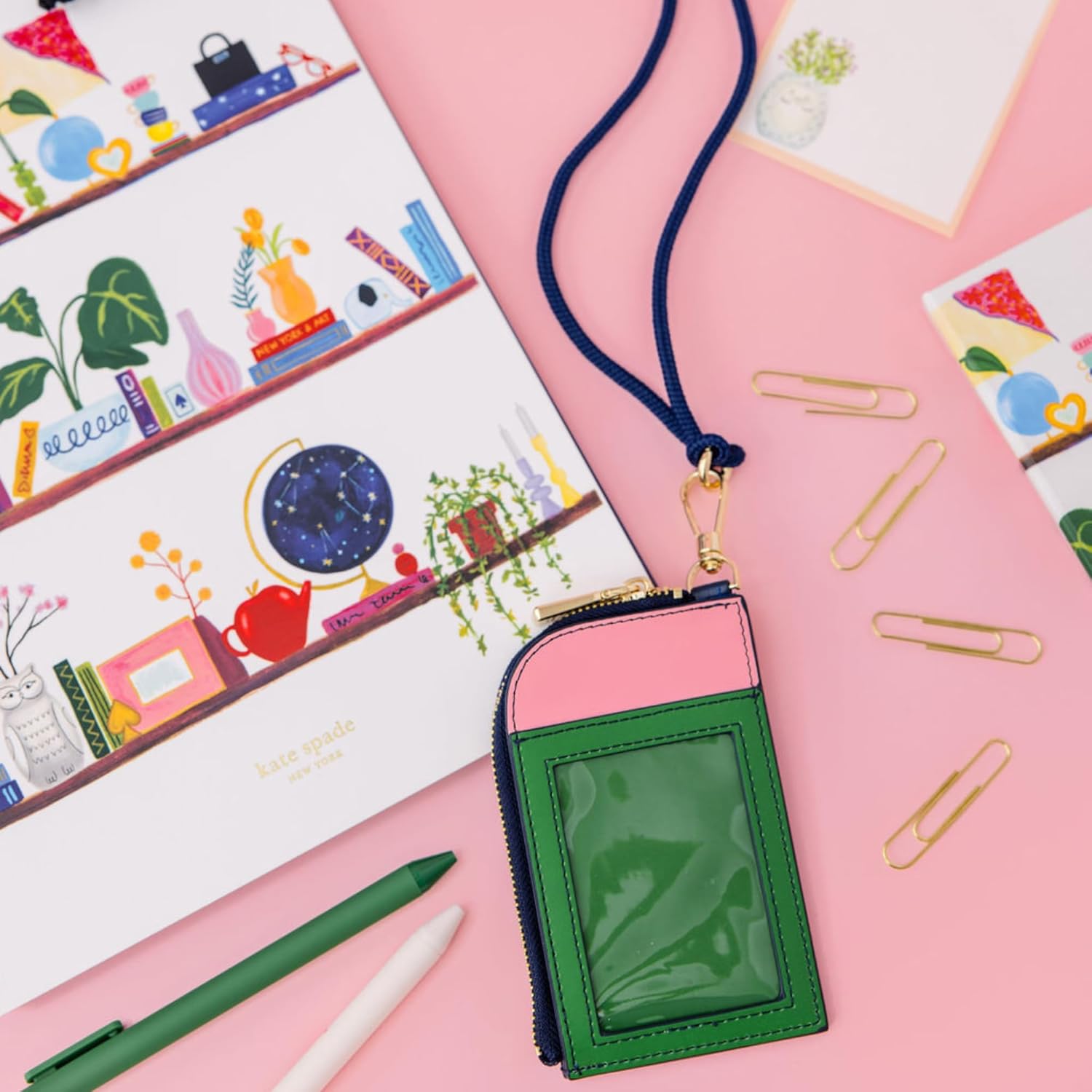 kate spade new york ID Badge Holder with Lanyard, Vegan Leather Slim Card Wallet with Zipper, Name Tag Case for Work, School, or Travel (Colorblock)